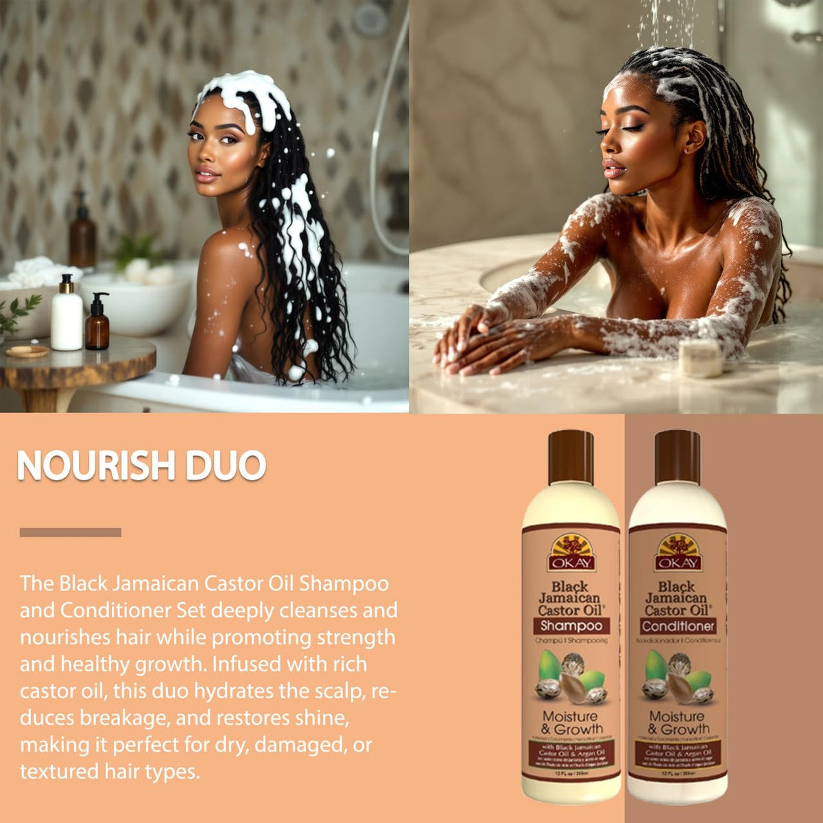 Okay Shampoo & Conditioner Black Jamaican Castor Oil Hair Care Set Moisture & Growth Helps Strengthen & Regrow Hair Sulfate, Silicone, Paraben Free