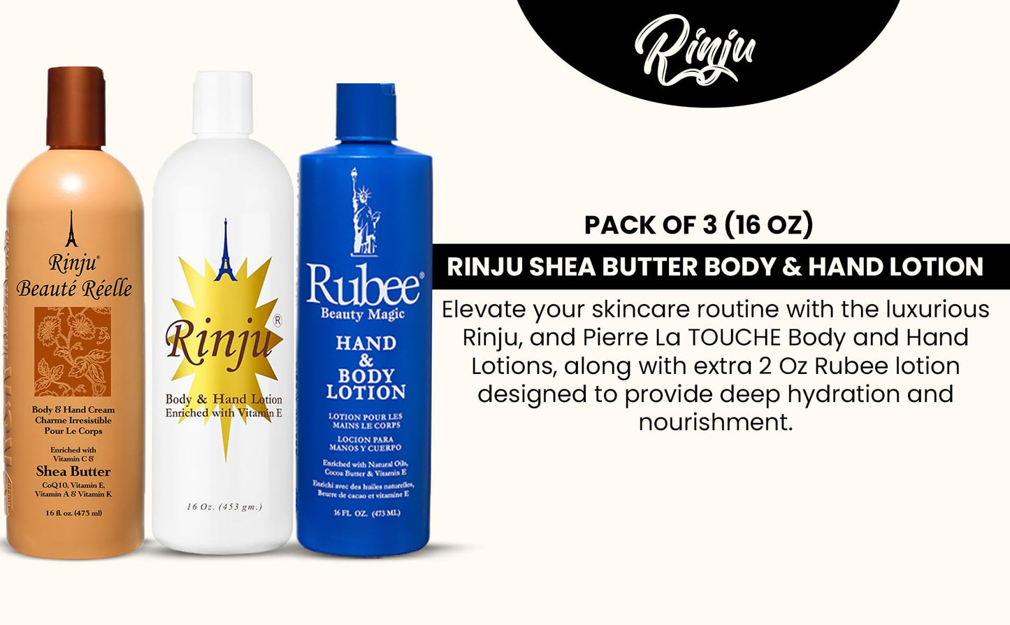 Rinju Body & Hand Lotion - Pack of 3 Non-Greasy Lotion for Women & Men - 16oz - Rubee Cacao Butter Lotion for Extremely Dry Skin - Vitamin E Beauty & Personal Care Rinju
