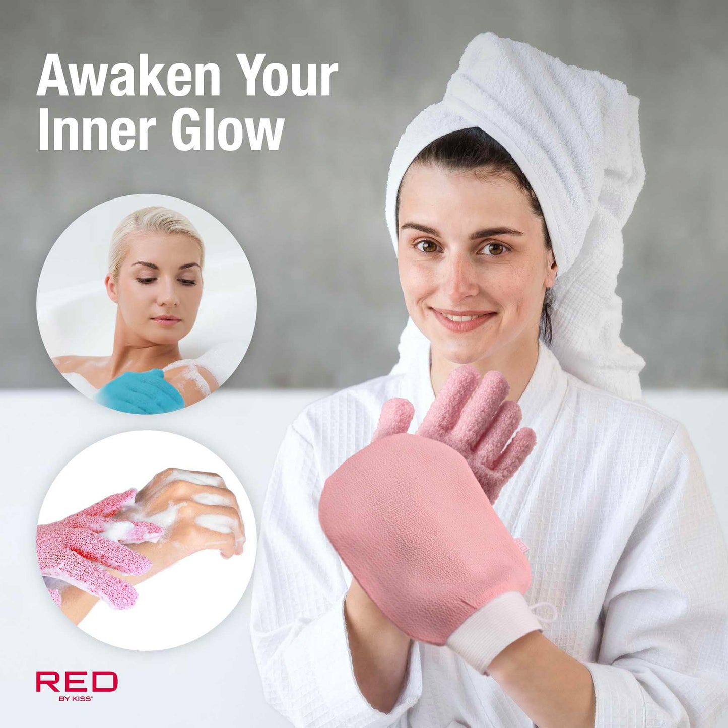 Red by Kiss Body Exfoliating Bath & Shower Medium Mitten Gloves, One Size Fits Most, Buffs Away Dead Skin & Impurities, Ideal for Smoother, Softer Beauty and Personal Care Red by Kiss