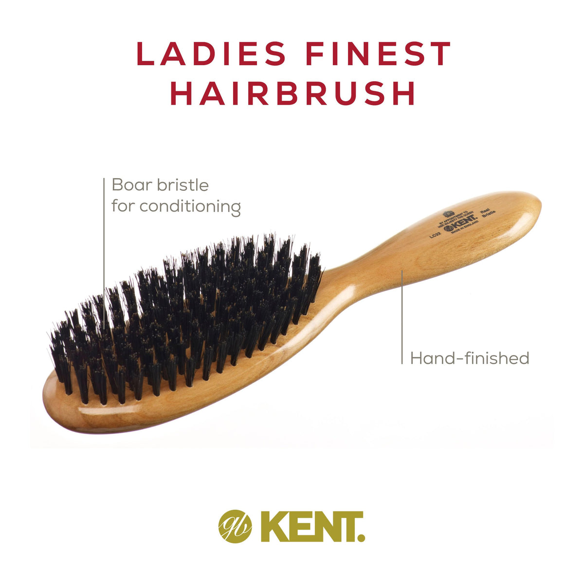 Kent LC22 Finest Hair Brushes for Women Detangler Dry Brush Made of Cherrywood - Boar Bristle Oval Hairbrush for Medium to Thick Hair All Lengths -