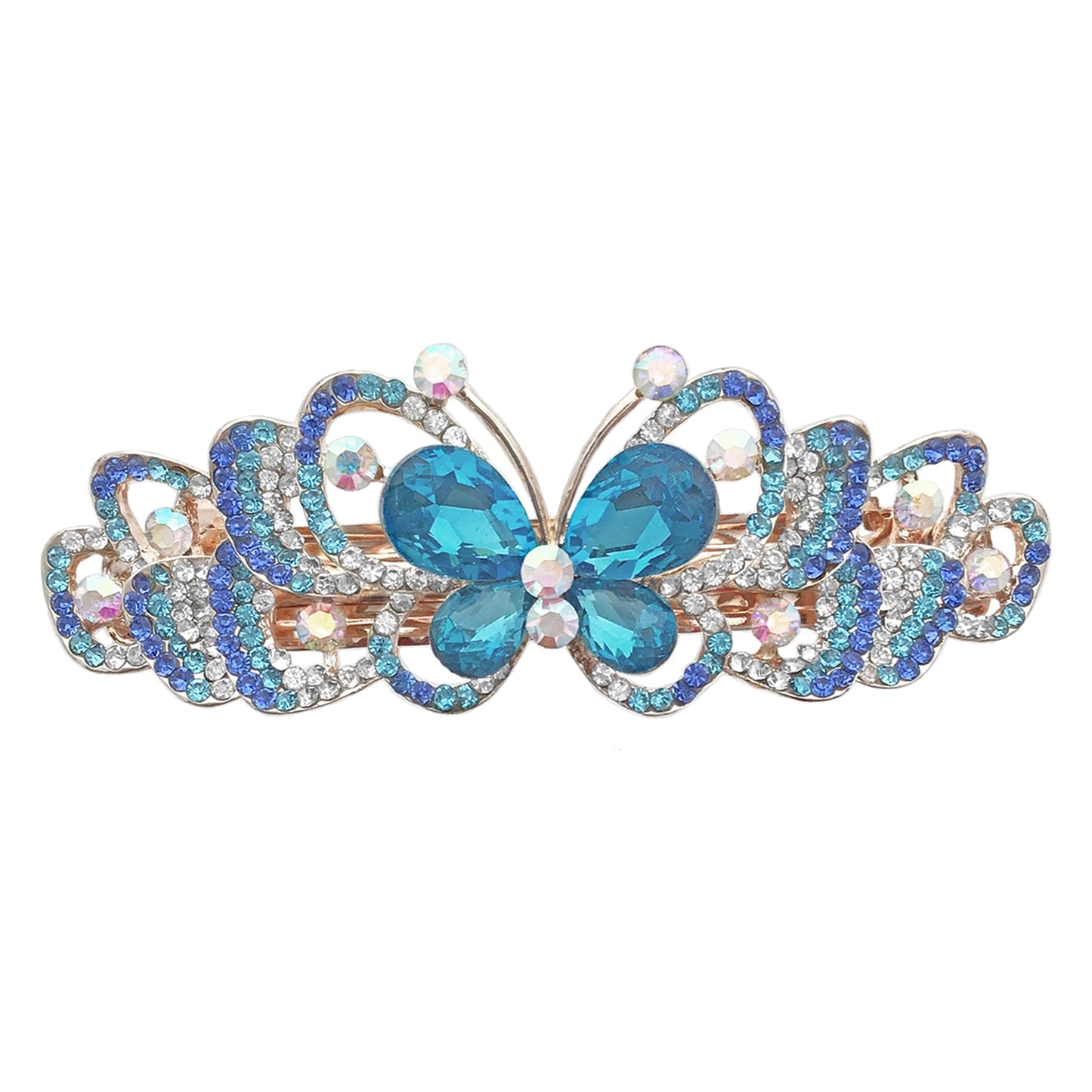 Rhinestone Crystal Barrettes - Set of 2 - Jeweled Butterfly Hair Clips - 1 with Blue Crystals and 1 with Mulit-Colored Crystals - Rose Gold Tone Metal Beauty & Personal Care BANBERRY DESIGNS