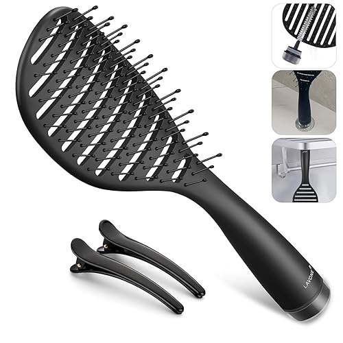 Curved Vented Hairbrush Faster Blow Drying - Detangling Brush with Built in Cleaner, Magnetic Holder and Hair Clips for Women, Men & Kids - Black Beauty & Personal Care LAVONE