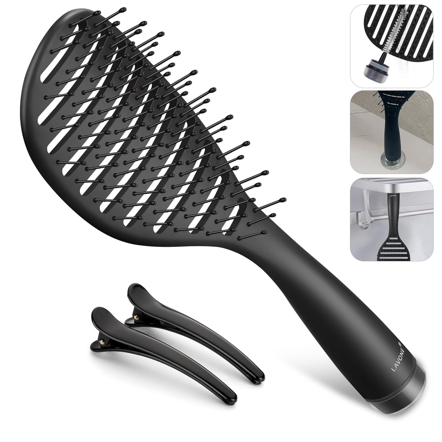Curved Vented Hairbrush Faster Blow Drying - Detangling Brush with Built in Cleaner, Magnetic Holder and Hair Clips for Women, Men & Kids - Black Beauty & Personal Care LAVONE