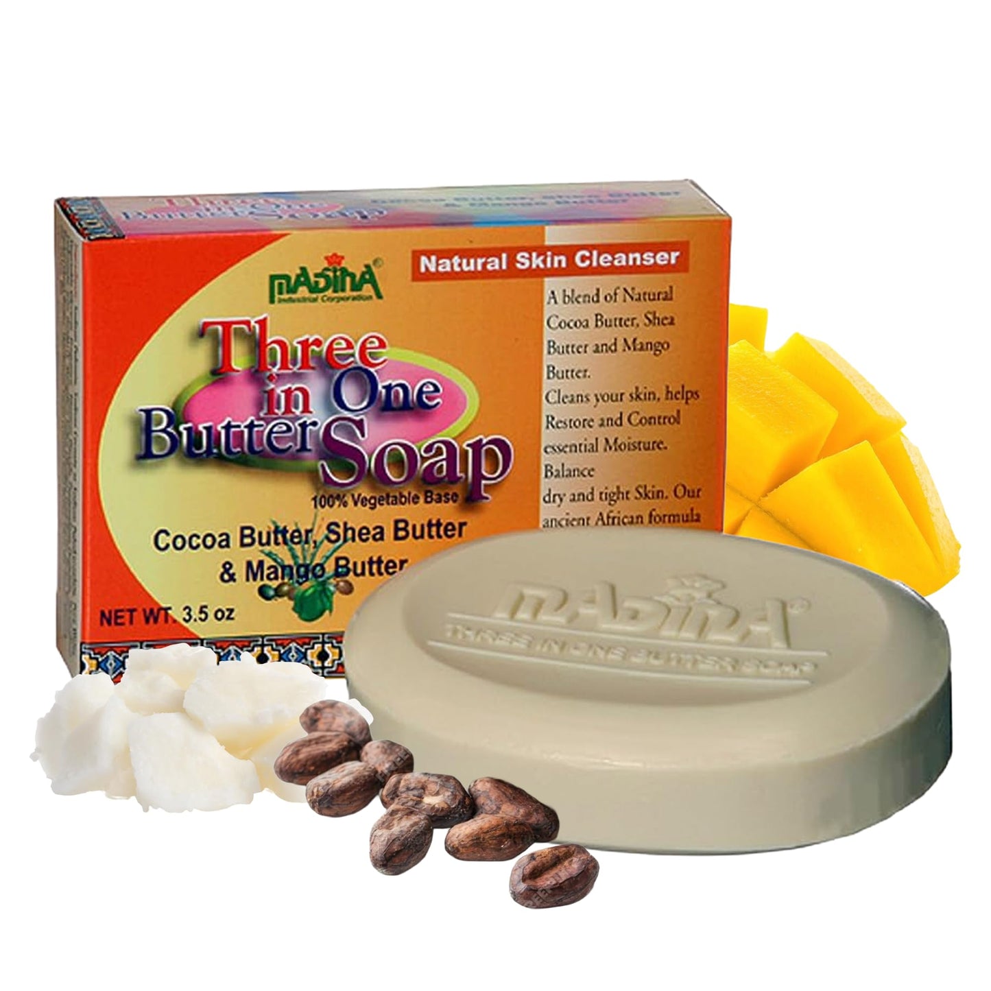 Madina 3-in-1 Butter Soap Bar - Cocoa, Mango & Shea Butter, Moisturizing, Nourishing, Vegetable-Based, Halal, Gentle Cleanser for All Skin Types, 6 Beauty & Personal Care Madina