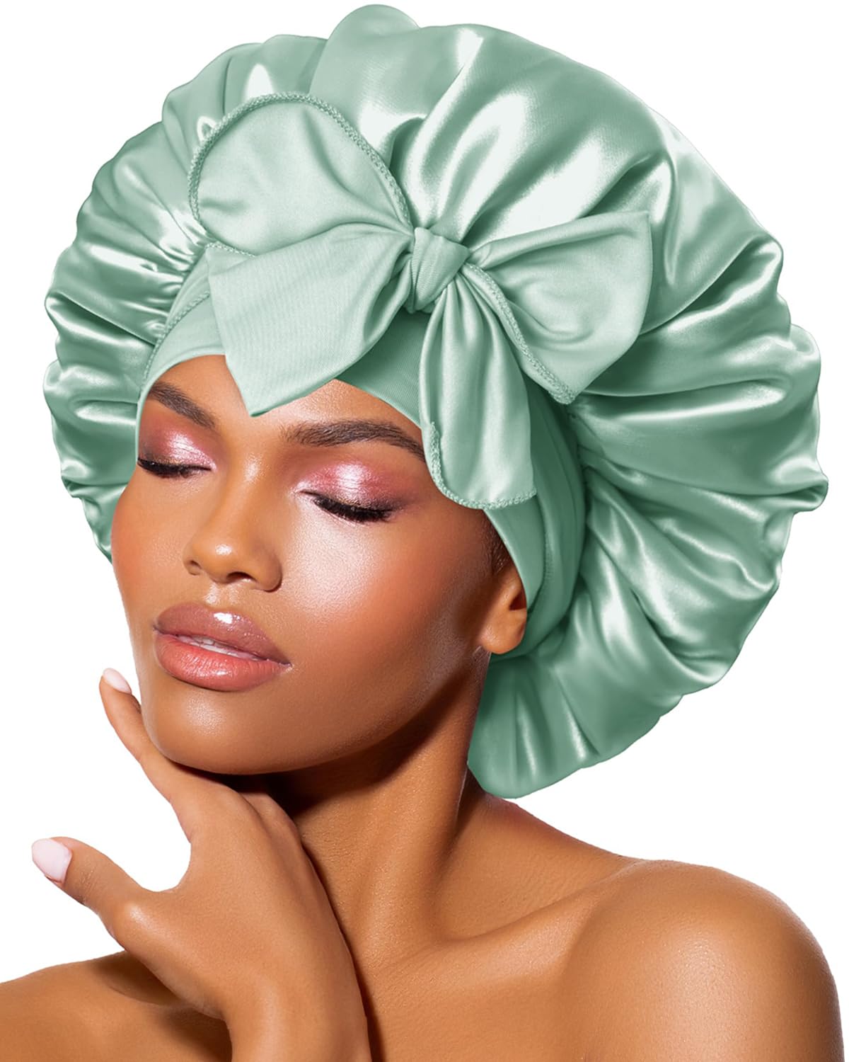 BONNET QUEEN Double Layer Silk Bonnet for Sleeping for Women Satin Bonnet Night Cap for Curly Hair with Tie Band, Sage Green Beauty and Personal Care BONNET QUEEN Default Title
