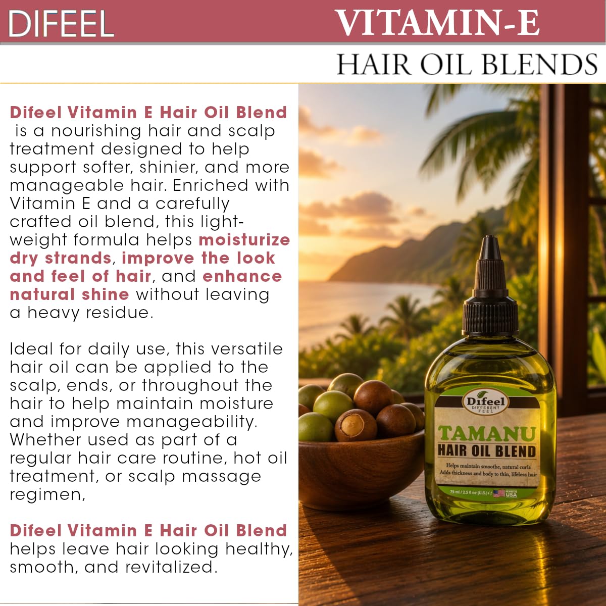 Difeel Vitamin E Hair Oil Blend - Travel Size 2.5 ounce (6-Pack)