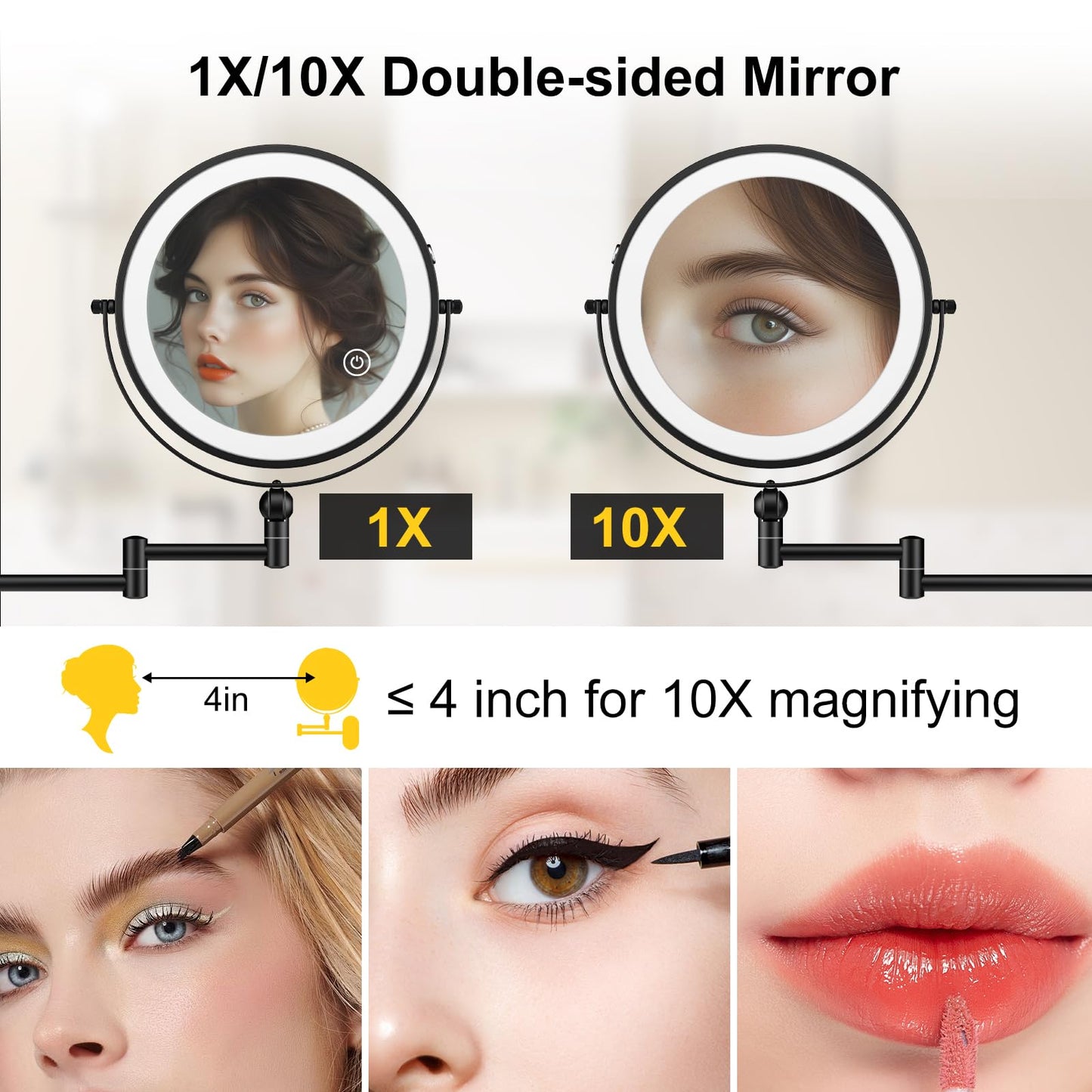 IMIKONA 8 Inch Vanity Makeup Mirror Wall Mounted, Double Sided 1X/10X LED Magnifying Mirror, 3 Color Lights & 360°Swivel 13 Inch Extendable Bathroom Beauty and Personal Care IMIKONA