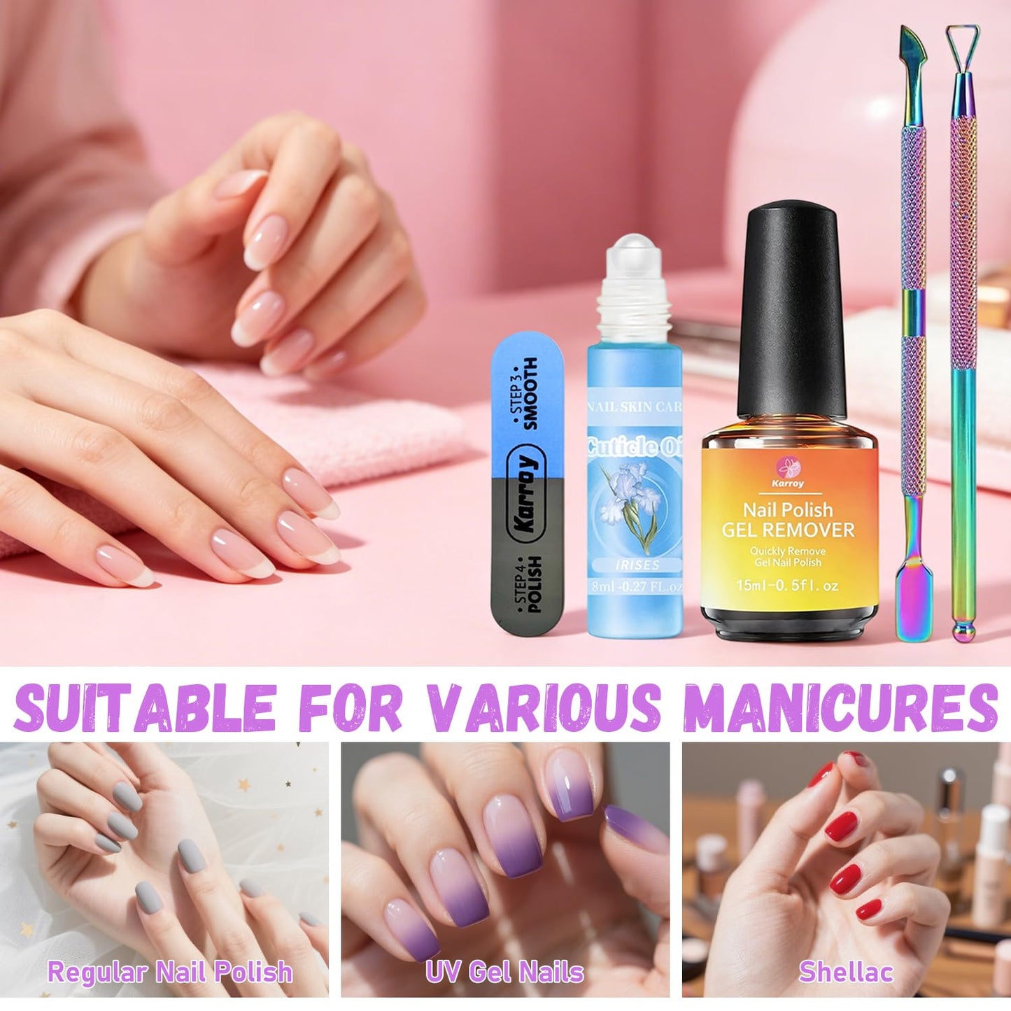 Gel Nail Polish Remover 15ml, Easily Remove Polish in 3min, No Soaking or Wrapping, Professional Nail Remover (15ml Remover & 8ml Oil Set) Beauty and Personal Care Karroy