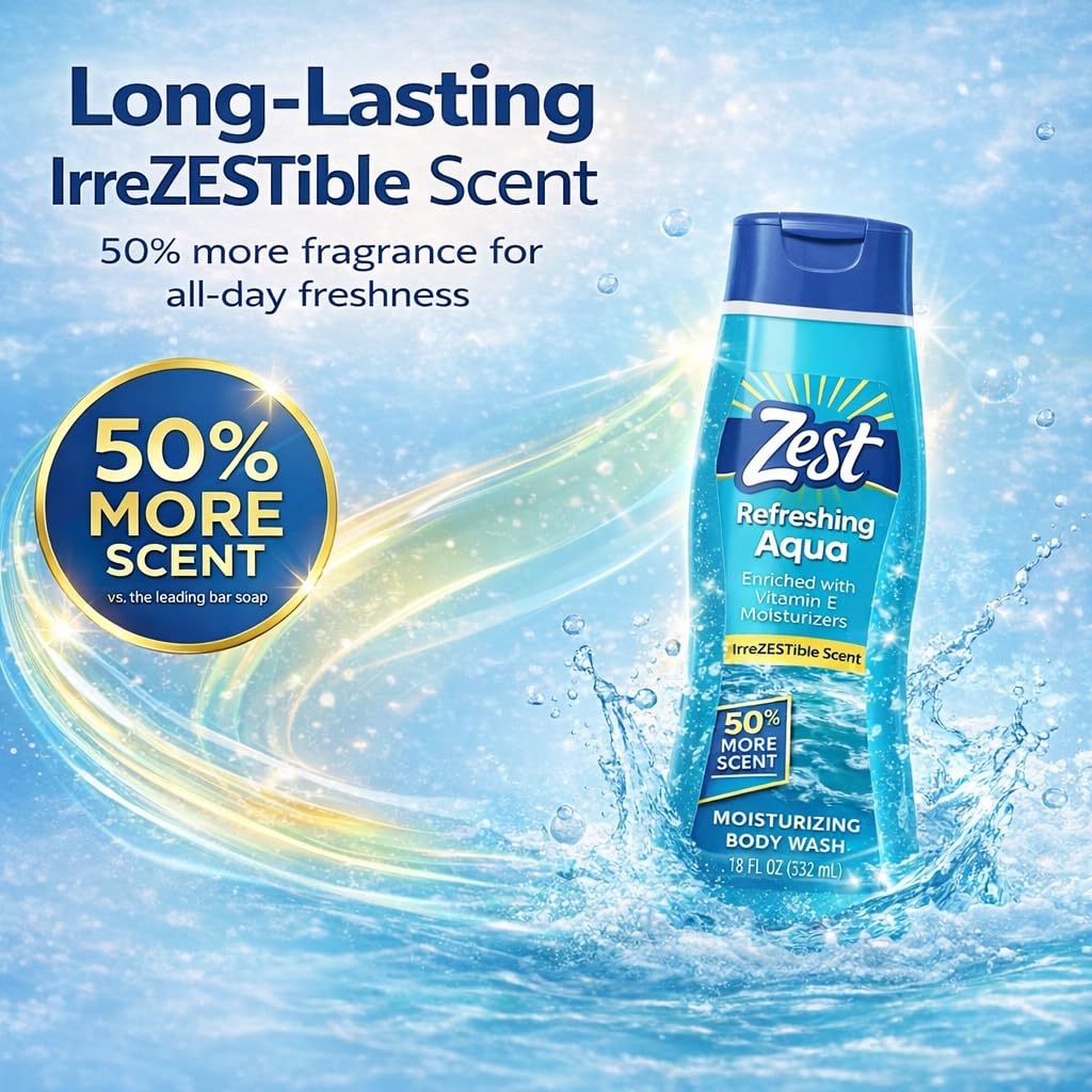 Zest Hydrating Body Wash - Aqua - Moisturizing Body Wash for Men and Women - Bath Soap with Vitamin E - Gentle Paraben Free Formula - 18 oz. Beauty & Personal Care Zest