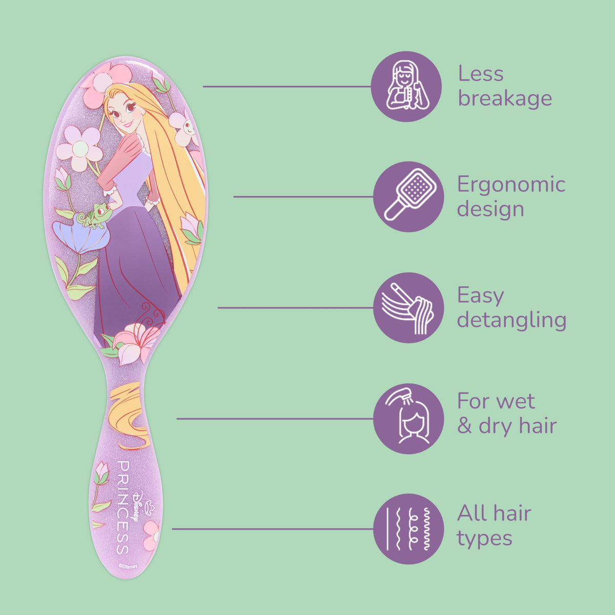Wet Brush Disney Princess Rapunzel Original Detangler Hair Brush, Pain-Free Knot Removal, Flexible Bristles Detangle Wet or Dry Strands, Works on All