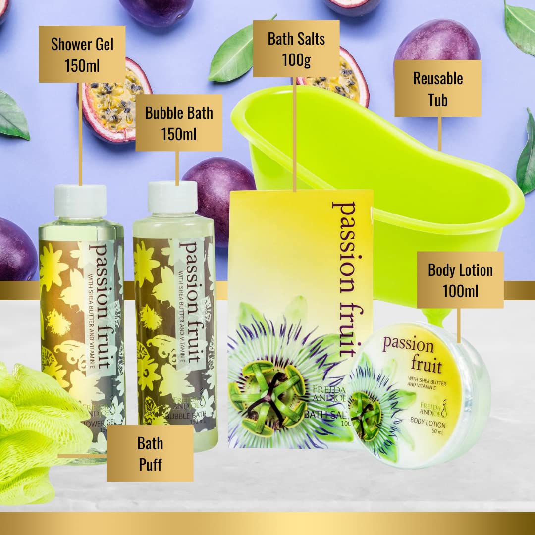 Home Spa Bath Basket Passion Fruit Fragrance Bath & Body Set For Women Contains Shower Gel, Bubble Bath, Body Lotion, Bath Salt in Green Tub Gift Beauty & Personal Care Freida and Joe
