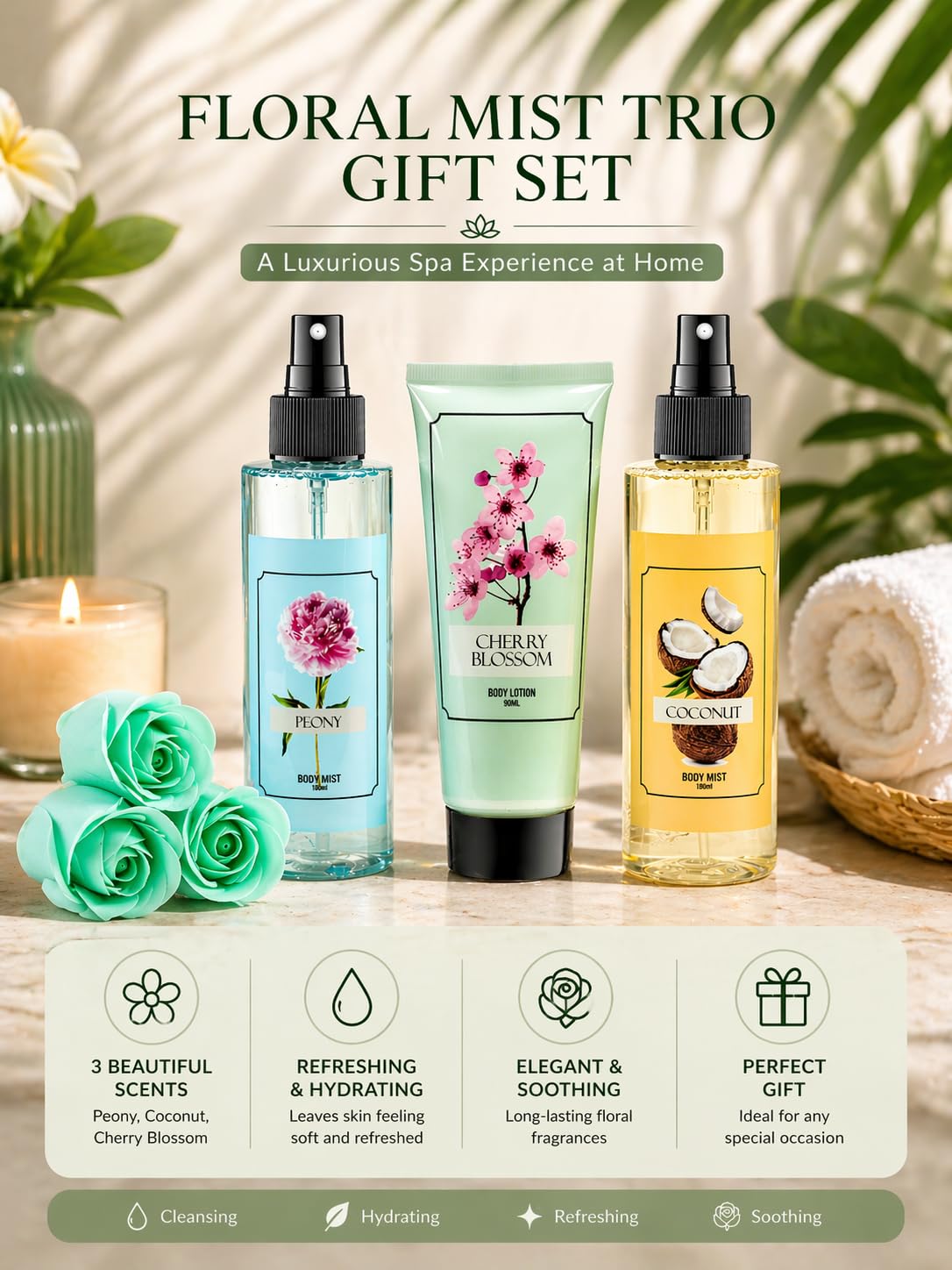 Floral Mist Trio Gift Set - Mother's Day Spa Gift Basket for Mom, Luxury Bath & Body Set, Peony, Coconut, Cherry Blossom Scented Self Care Kit Beauty and Personal Care Freida and Joe