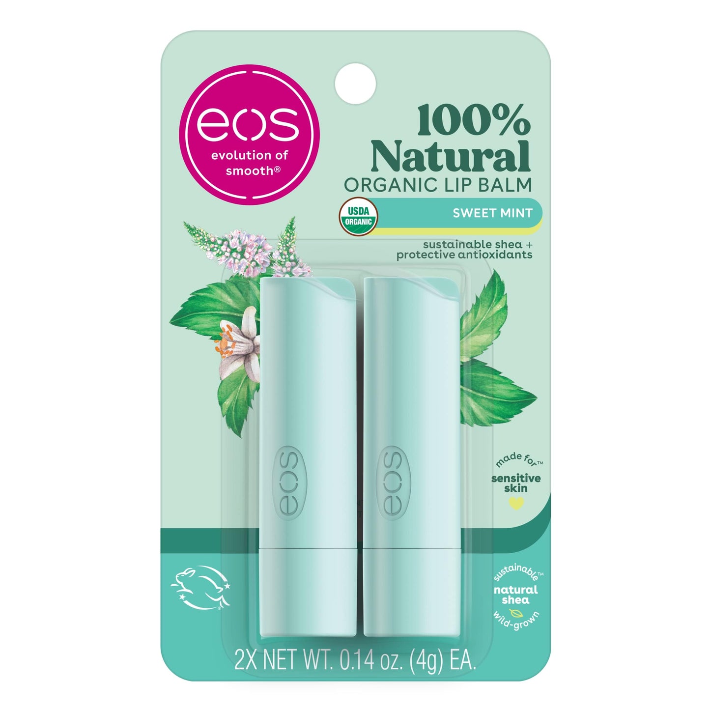 eos 100% Natural & Organic Lip Balm Sticks - Sweet Mint, All Natural Lip Balm, All-Day Moisture, Dermatologist Recommended, 0.14 oz, 2-Pack Beauty & Personal Care eos