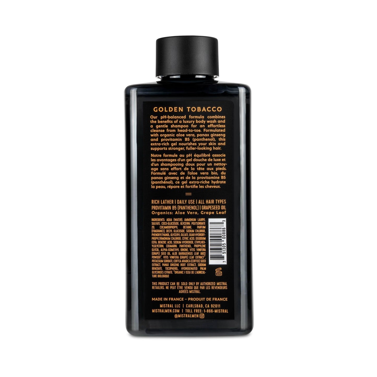 Mistral Men's Body Wash & Shampoo, Golden Tobacco 13.5 oz | 2-in-1 Natural Shower Gel for Men | SLS, Paraben & Phthalate Free | Natural Men’s Body Beauty & Personal Care Mistral