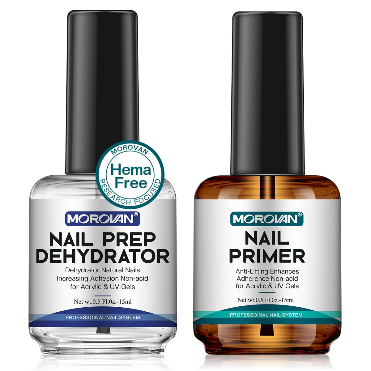 Morovan Professional Natural Nail Prep Dehydrate and Acid-Free Primer, Dehydrator for Acrylic and Gel Nail Polish, Non Acid Primer for UV Gels Fast