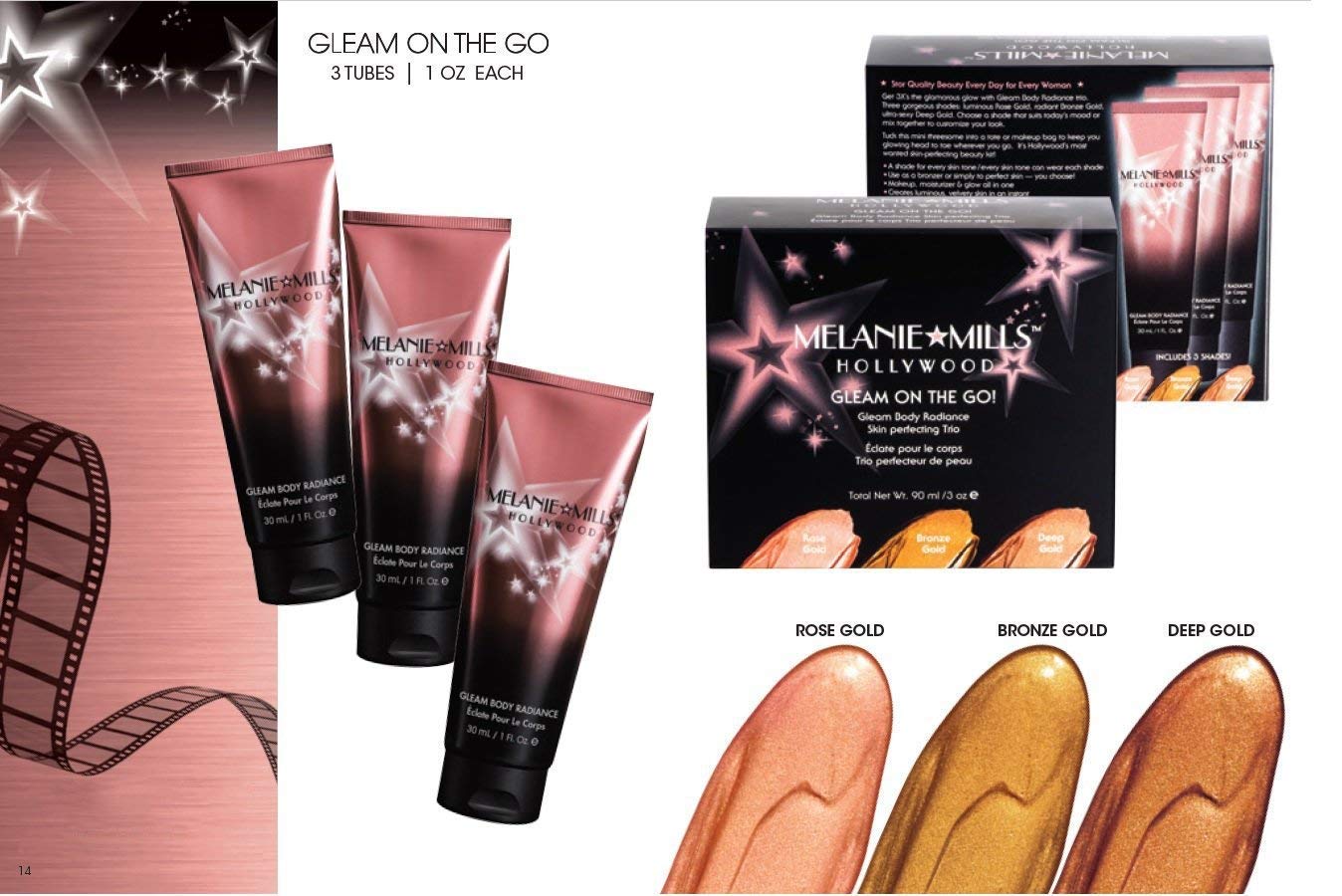 Melanie Mills Hollywood Mini Moisturizing Body Makeup Gleam on the Go Kit - Rose Gold, Bronze Gold, Deep Gold, 1 fl.oz. each Beauty & Personal Care Melanie Mills Hollywood