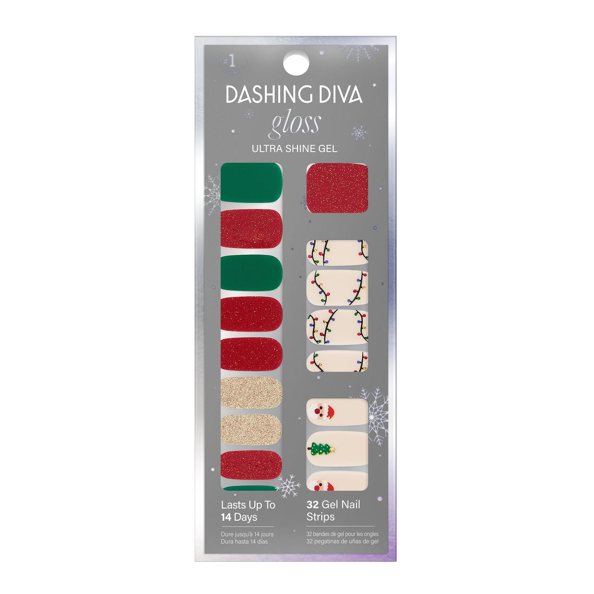 Dashing Diva Gloss Nail Strips - Santa Baby | UV Free, Chip Resistant, Long Lasting Gel Stickers | Contains 32 Wraps, 1 Prep Pad, 1 File
