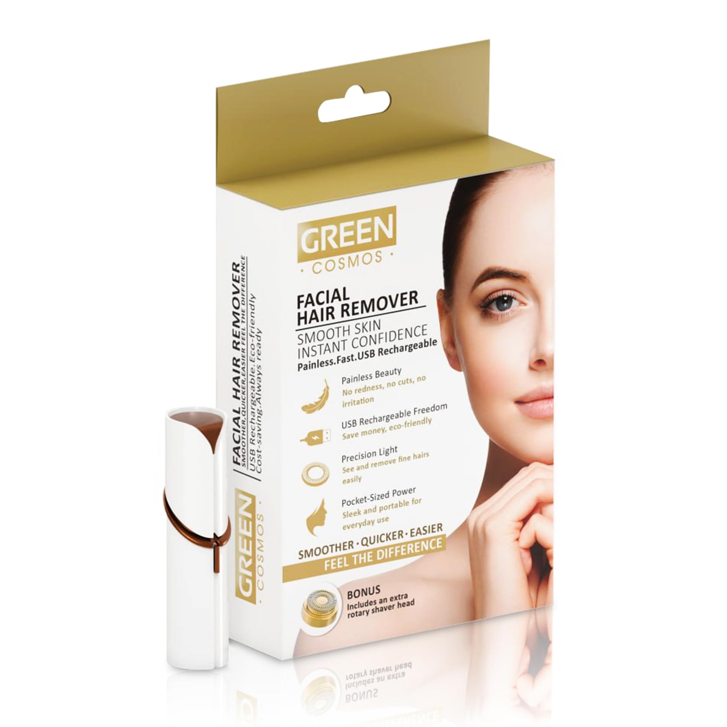 Facial Hair Remover for Women - Gentle & Painless Removal for Peach Fuzz, Lip & Chin - USB Rechargeable Beauty and Personal Care Green Cosmos