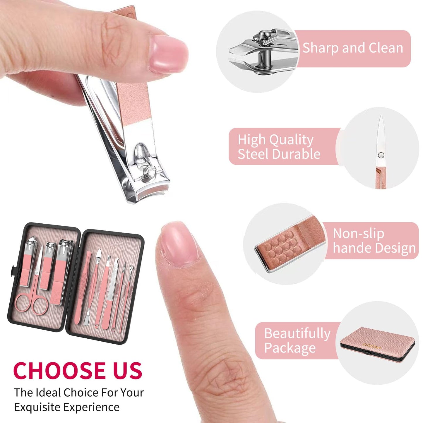ZIZZON Travel Mini Manicure Set Nail Clipper Set 10 in 1 Stainless Steel Pedicure Care Grooming kit with Case Pink Beauty & Personal Care ZIZZON