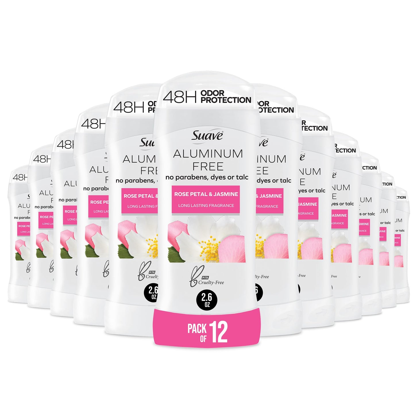 Suave Aluminum Free Deodorant for Women, Rose Petal and Jasmine, 48-Hour Odor Protection, Free of Talc, Parabens & Dyes 2.6 oz (Pack of 12) Beauty and Personal Care Suave