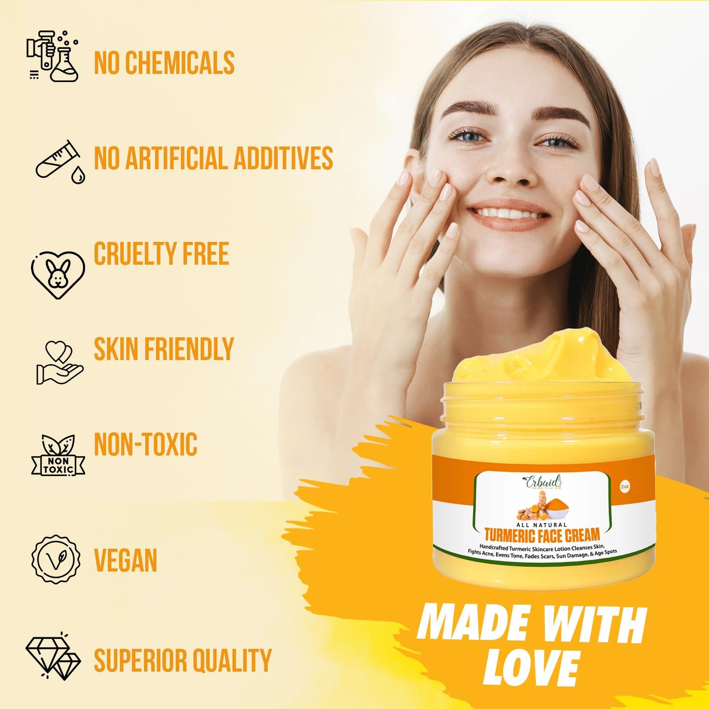 Erbaid Turmeric Face Cream for Face & Body - All Natural Turmeric Skin Brightening Lotion - Turmeric Cleanses Skin, Fights Acne, Evens Tone, Fades Beauty & Personal Care Erbaid