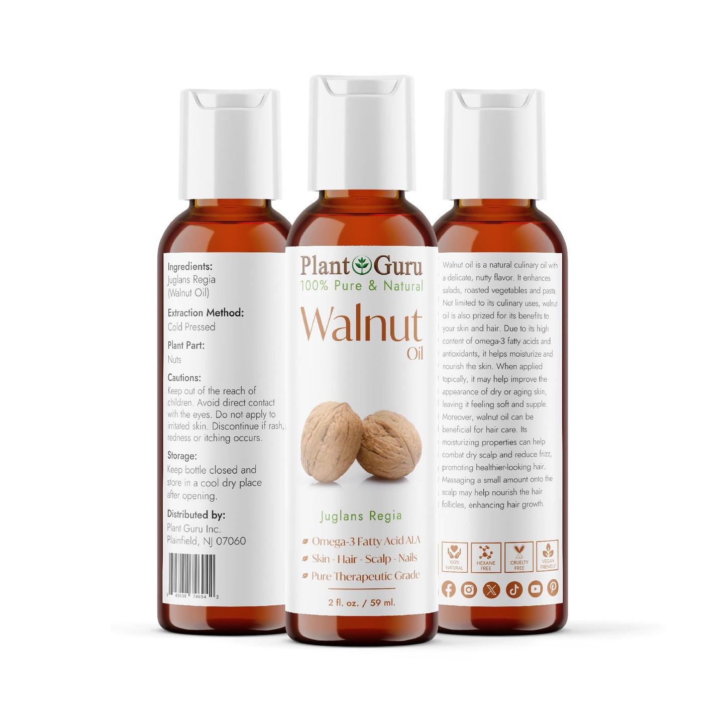 Plant Guru Walnut Oil 2 fl. oz. - Cold Pressed 100% Pure Natural - Skin, Body, Face, and Hair Growth Moisturizer. Great For Creams, Lotions, Lip balm Beauty & Personal Care Plant Guru
