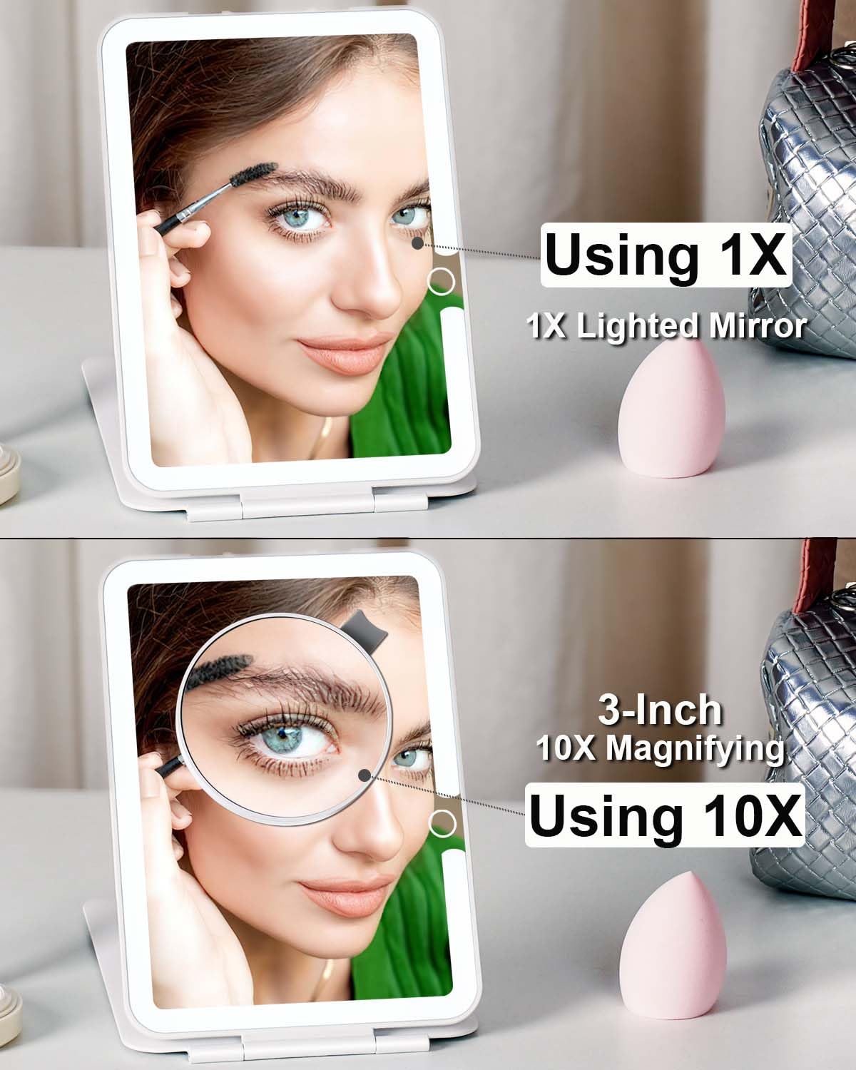 LUKYMIRO Rechargeable Travel Makeup Mirror with Lights, Portable Lighted Regular Mirror with Small 10X Magnification, 70 LEDs 3 Color Dimmable Beauty & Personal Care LUKYMIRO