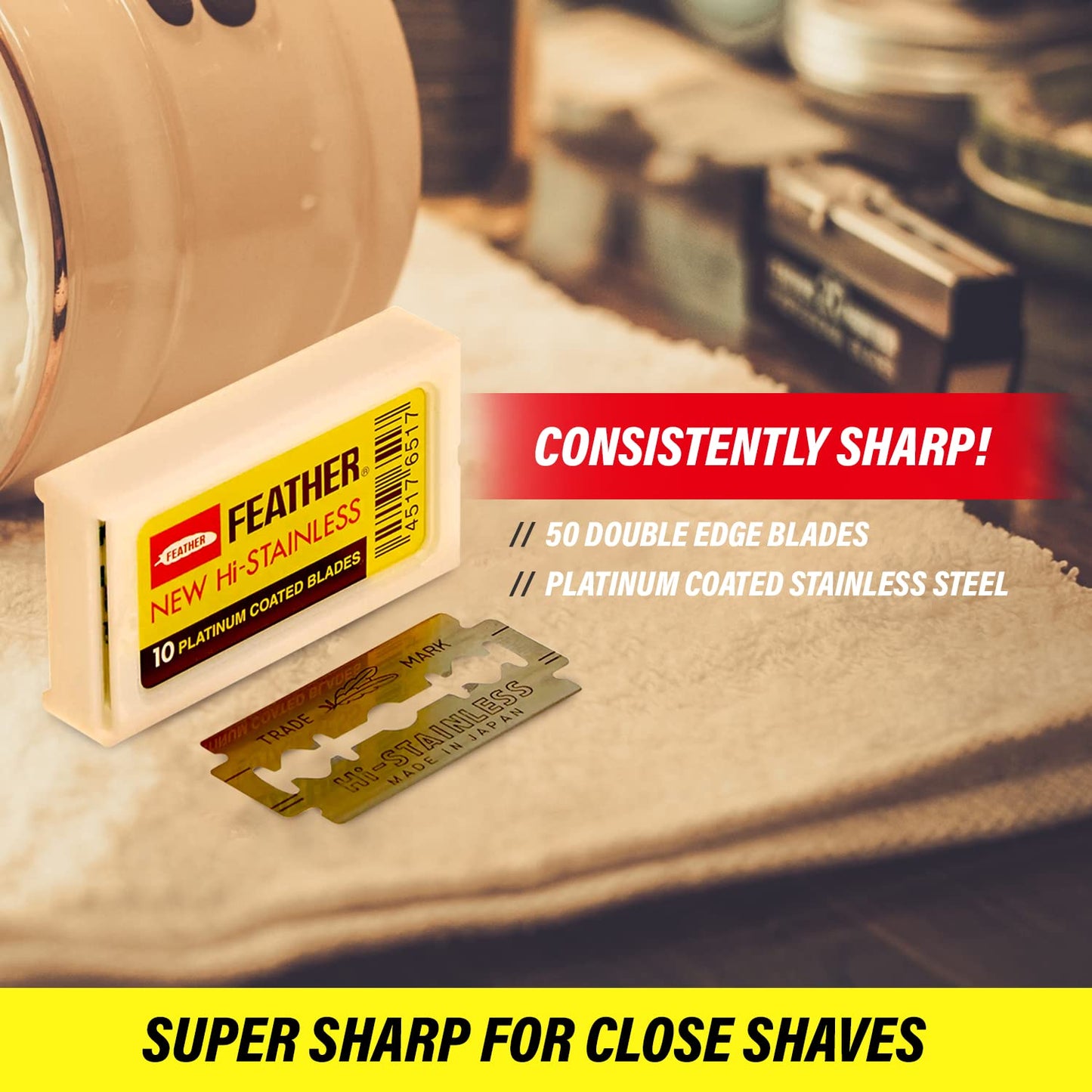 Feather Double Edge Safety Razor Blades - (50 Count) - Platinum Coated Hi-Stainless Steel Razor Blades - Fits Most Safety Razors - Super Sharp Beauty and Personal Care Feather