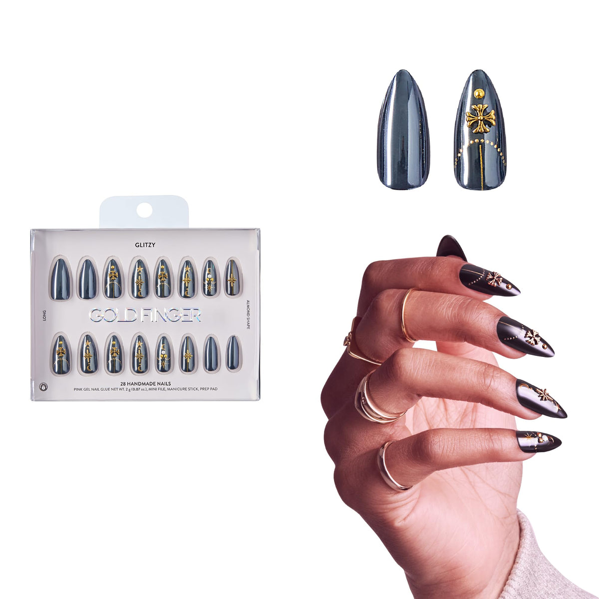 Glitzy 3D Handmade Press On Nail Kit, Rhinestone Gem Black Chrome Long Almond False Nail, Reusable & Lasts Up To 2 Weeks, Seamless Snug Fit