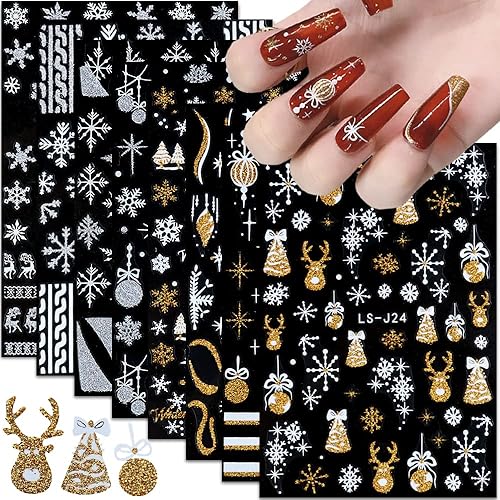Christmas Nail Art Stickers, Snowflake Nail Decals 3D Self-Adhesive Gold Silver White Snowflake Elk Bell Xmas Tree Winter Nail Design DIY Christmas Beauty & Personal Care Qdsuh