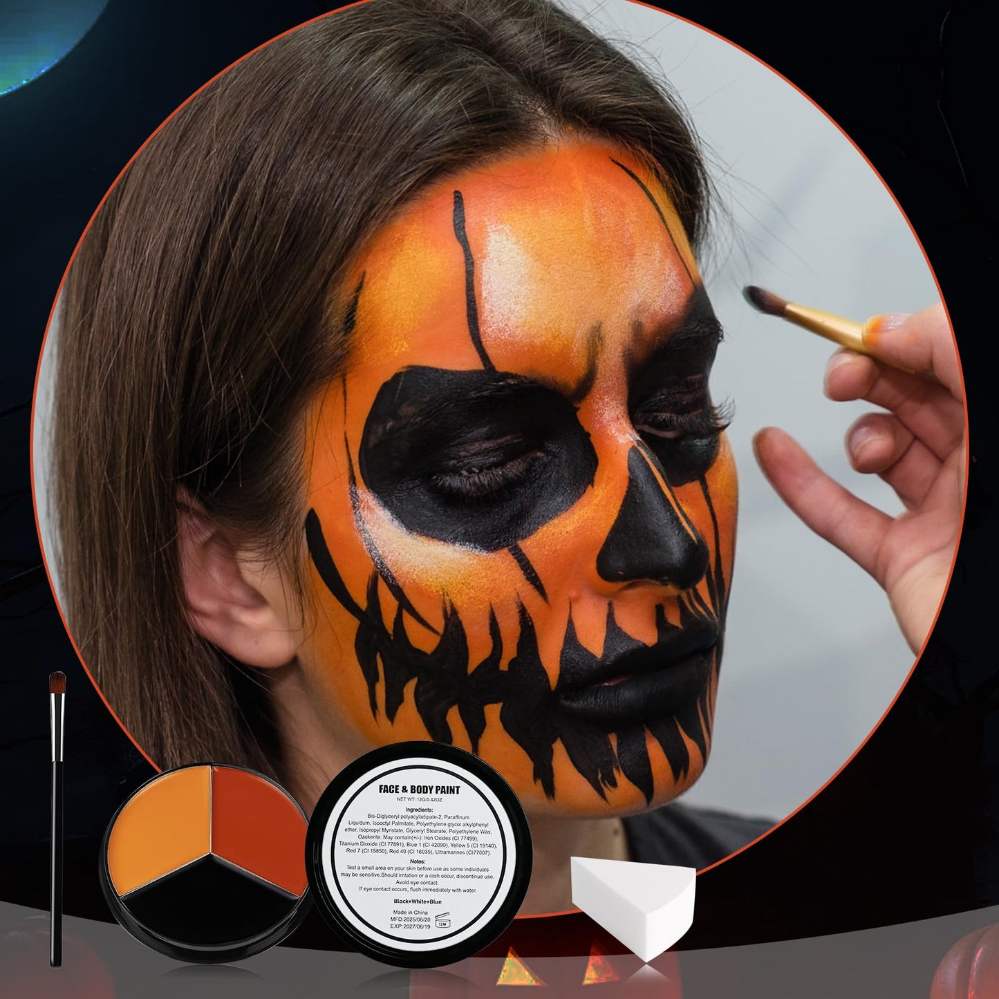 VPCRT6 Black Red Orange Face Body Paint, with 3PCS Sponge and 1PC Brush, Face Painting Kit with Applicator for Halloween Makeup, Pumpkin Cosplay Beauty & Personal Care VPCRT6