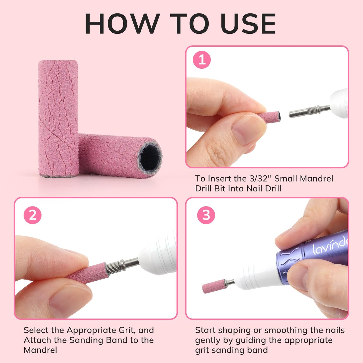 Lavinda Pink Nail Drill Bits 80#120#180#240# Small Sanding Bands for Nail Drill Nail File with 2 Mandrel Bits for Acrylic Nails Gel Manicures Beauty and Personal Care Lavinda