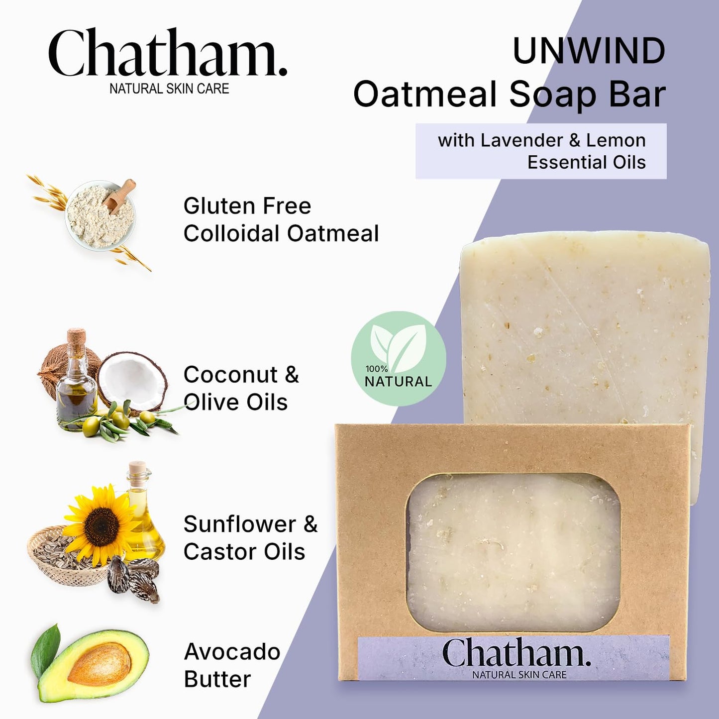 Chatham Unwind Lavender Lemon Oatmeal Moisturizing Soap Bar 5oz for Dry Skin, 100% Natural Ingredients, Shea Butter FREE, and Essential Oils Beauty & Personal Care Chatham Natural Skin Care