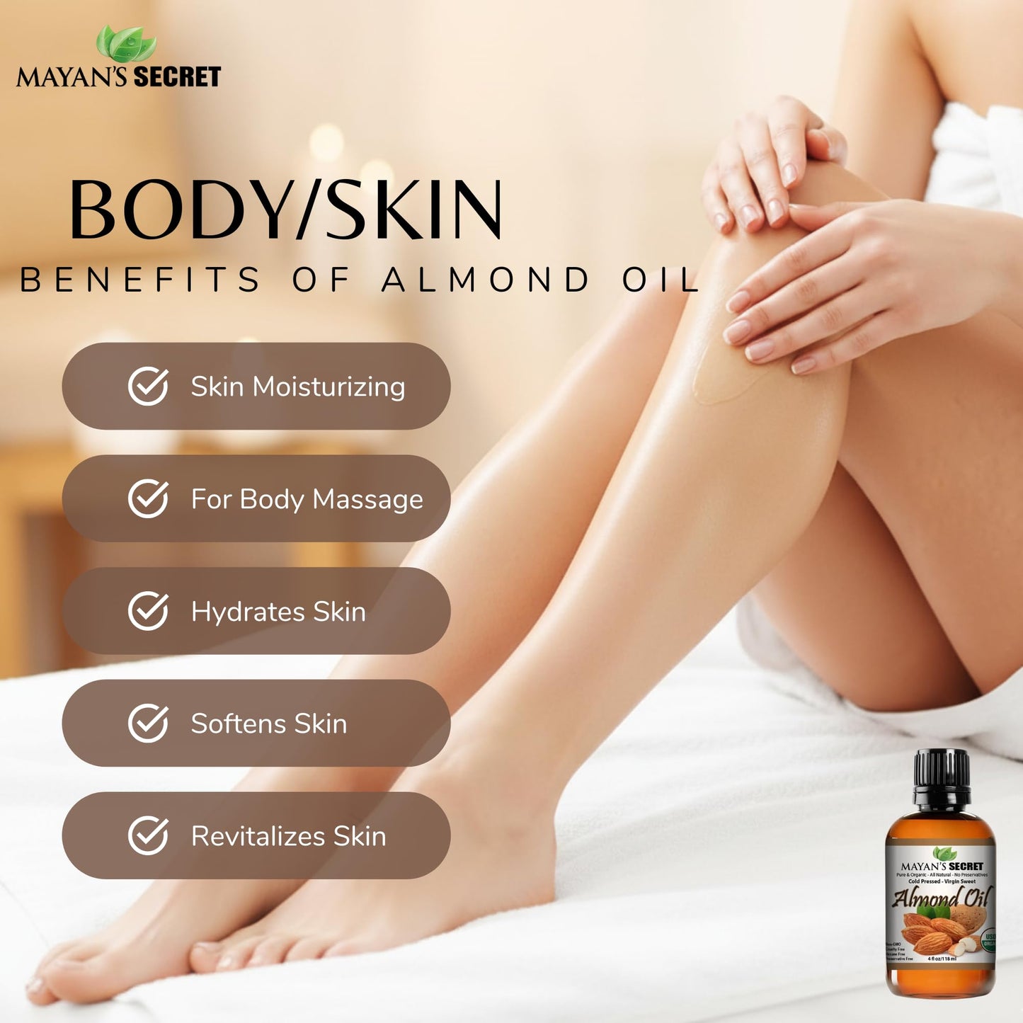 Mayan's Secret - 100% Organic Sweet Almond Oil for Skin Hair, Face - Cold Pressed Pure Almond Essential Oil (4 fl. oz.) Beauty & Personal Care Mayan's Secret
