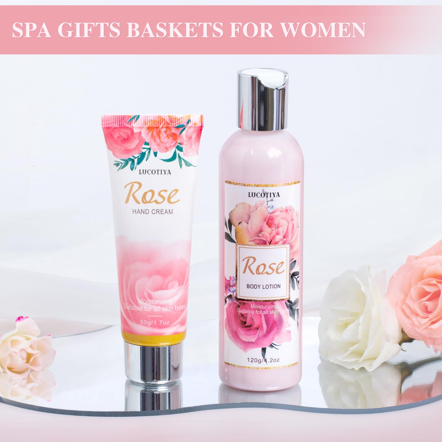 Gifts for Women, Happy Birthday Gifts for Women, Mothers Bath and Body Gift for Woman with Unique Rose Self Care Gift, Home Spa Gift Basket for Mom Beauty and Personal Care LUCOTIYA