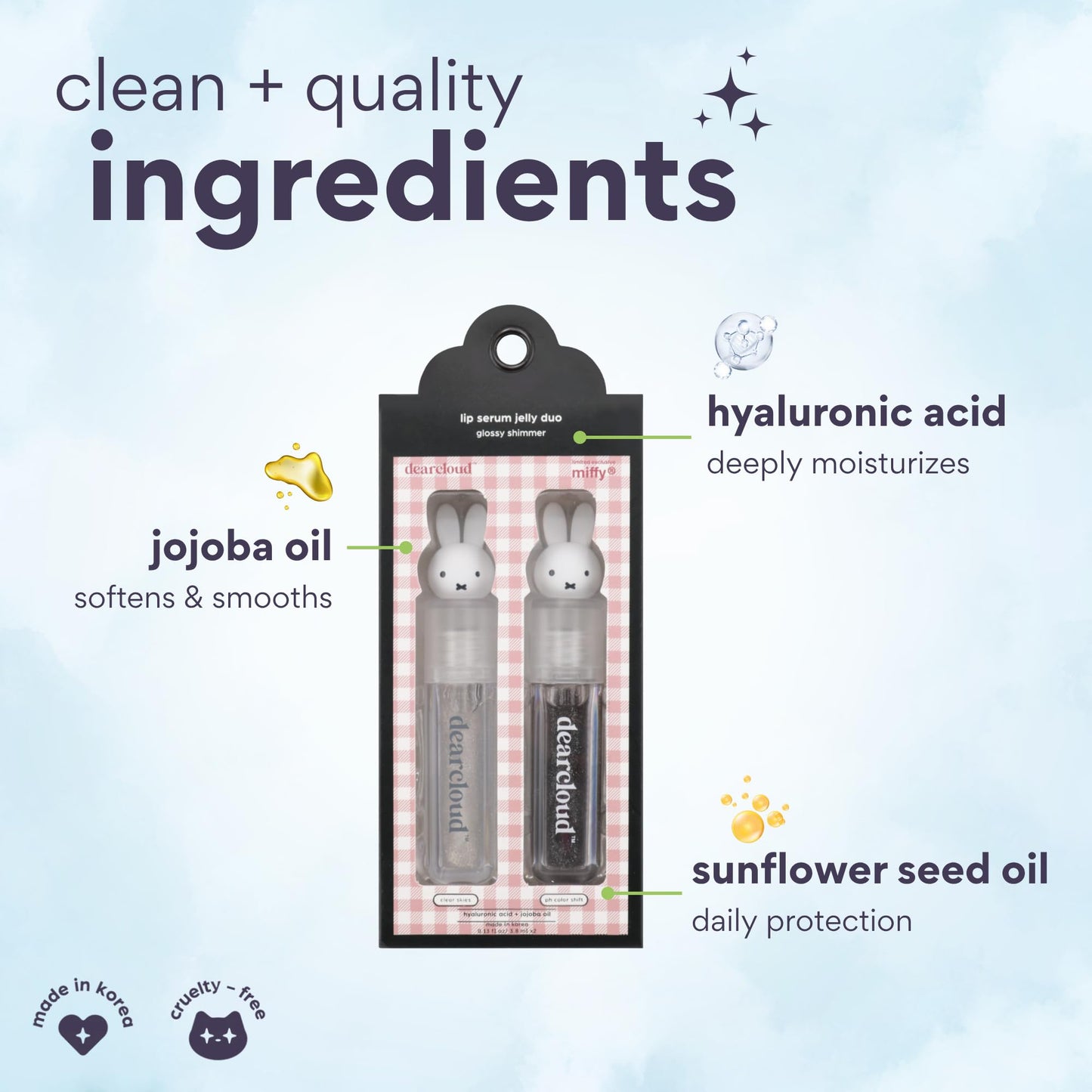dearcloud Miffy Lip Serum Jelly Duo - Hydrating Lip Gloss for Women with Hyaluronic Acid, Rosehip & Jojoba Seed Oils- Korean Skin Care pH Color Beauty & Personal Care dearcloud
