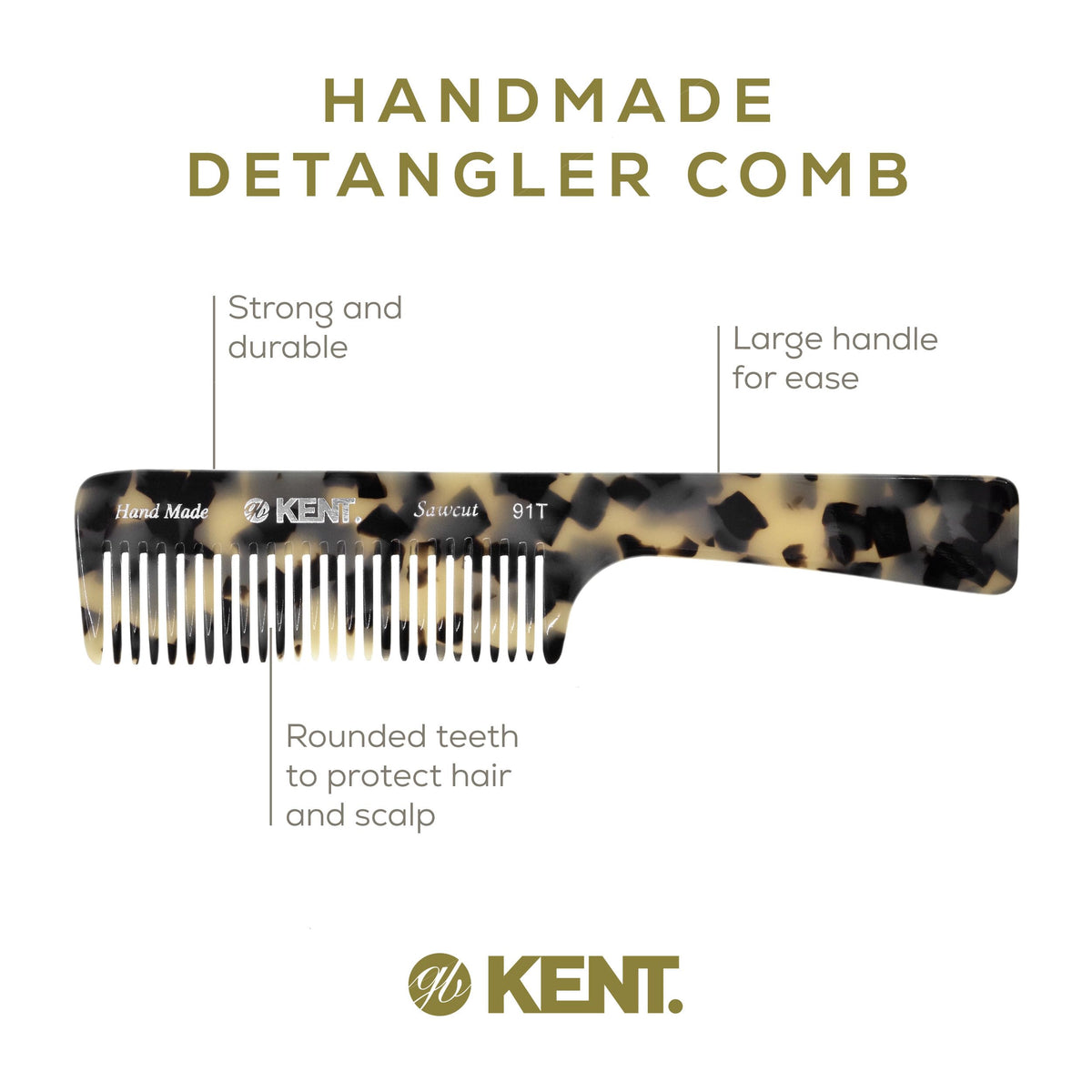 Kent 91T TW Detangler Comb for Women, Wide Tooth Hair Comb for Curly and Wavy Hair - for use in Dry or Wet Hair, Large Handle Shower Comb for