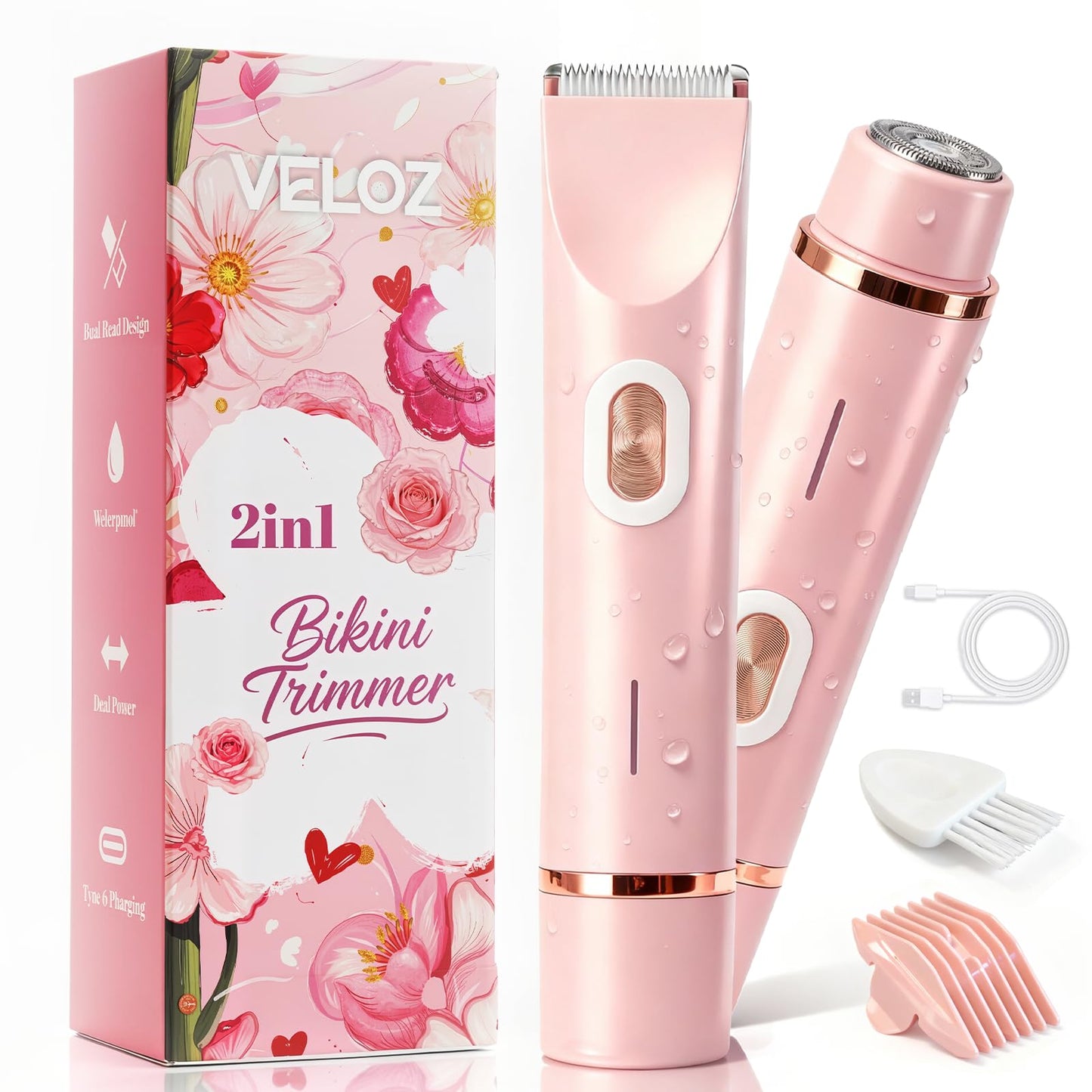 VELOZ 2-in-1 Bikini Trimmer for Women, Dual Head Electric Razor for Bikini Line, Face, Legs & Underarms, IPX7 Waterproof Cordless Shaver for Wet & Dry Beauty and Personal Care VELOZ