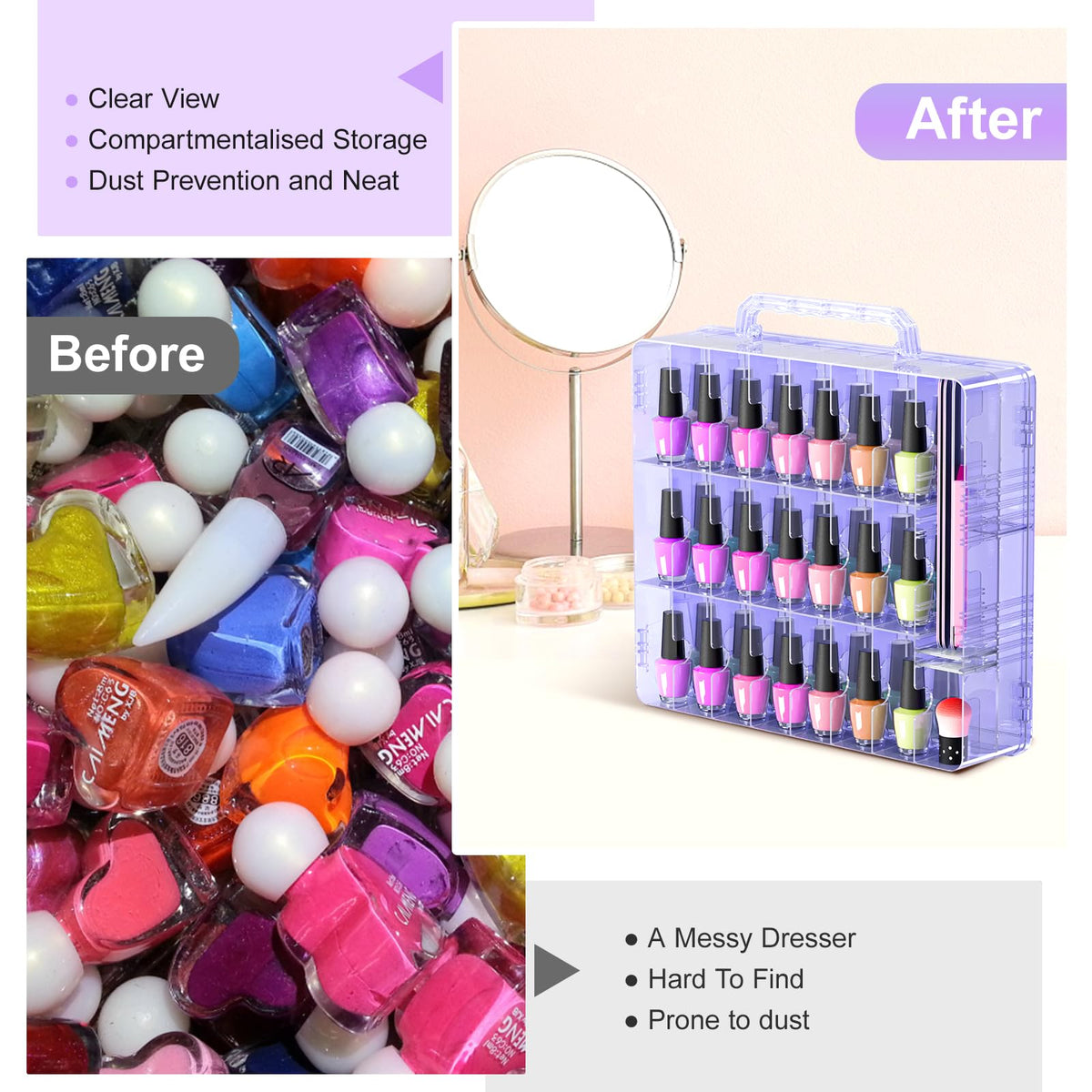 Beloving Nail Polish Organizer Case for 48 Bottles Nail Polish Holder with Adjustable Divider, Gel Nail Polish Storage Double Side Organizer Case