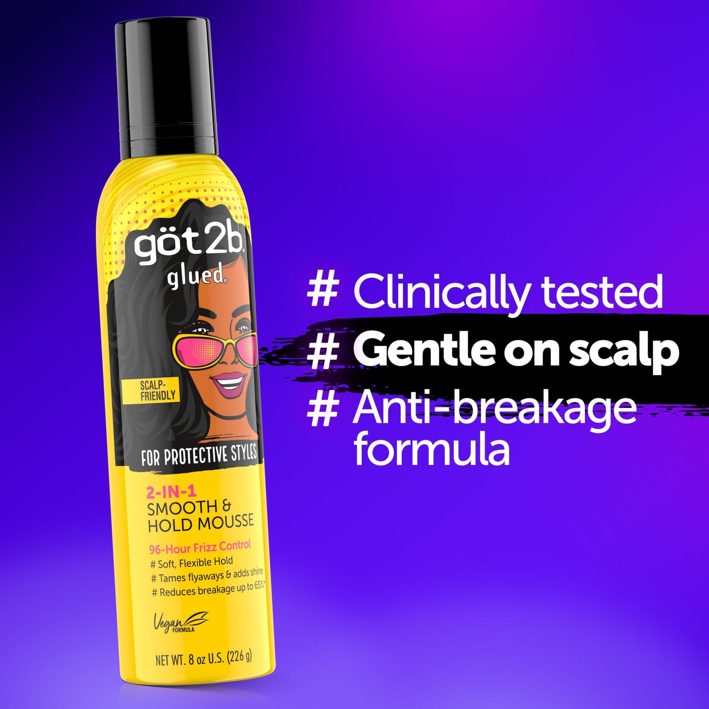 Got2b Glued 2-in-1 Smooth & Hold Hair Mousse, 8 Fl Oz, 96 Hour Frizz Control & Soft Flexible Hold for Wigs, Braids and Curls, No Stickiness Beauty & Personal Care Got2B