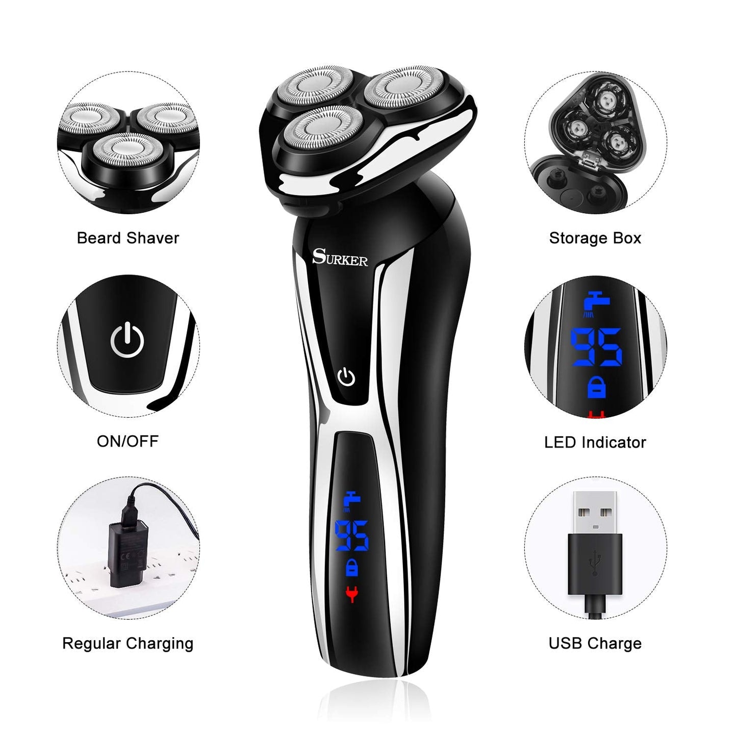 SURKER Electric Shaver Razor Cordless Beard Trimmer for Men Nose Hair Trimmer 3 in 1 Grooming Kit Plus 1 Facial Cleansing Brush Waterproof USB Beauty and Personal Care SURKER