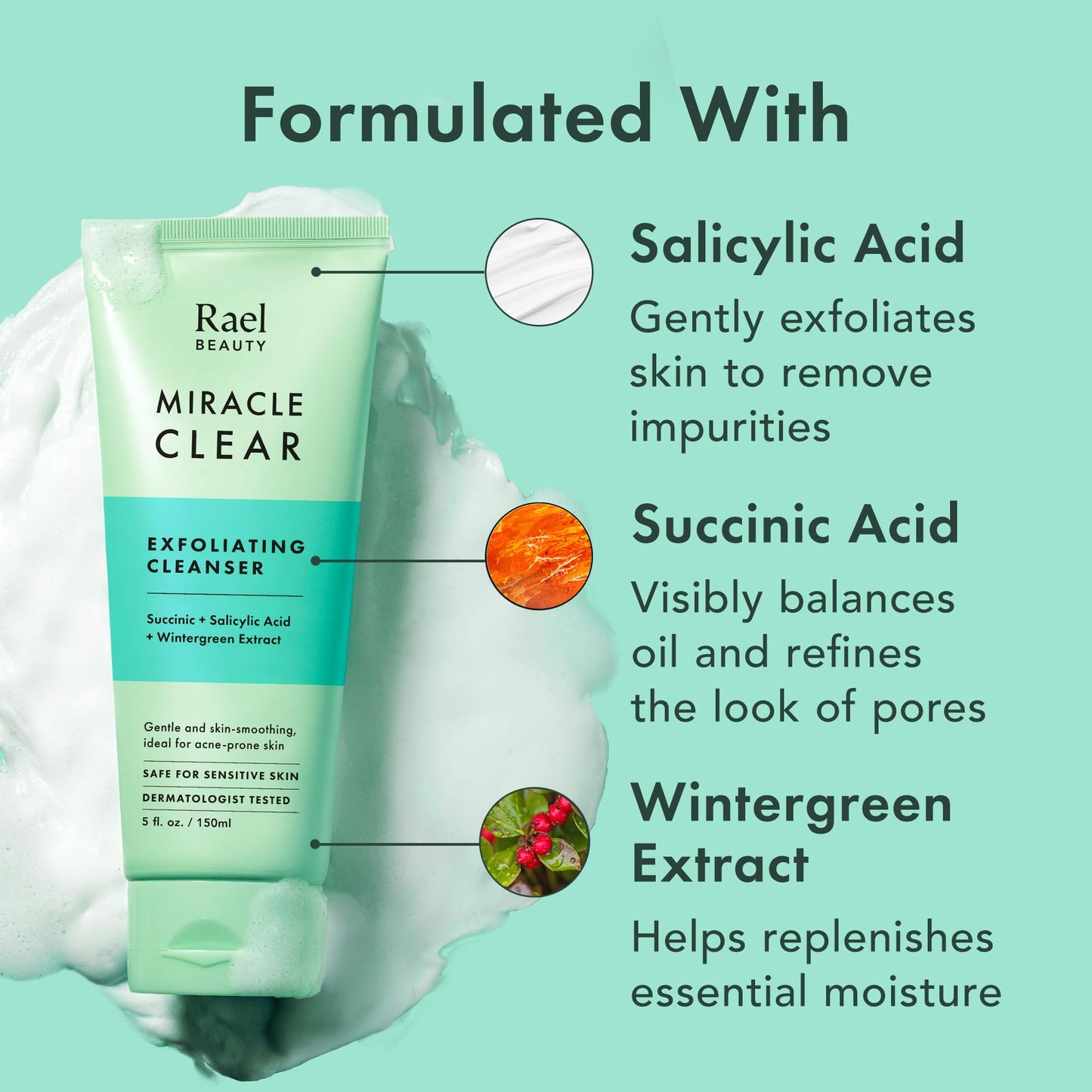 Rael Miracle Clear Facial Cleanser - Makeup Remover, Face Wash for Women, Korean Skin Care (Exfoliating Cleanser, 5.1 fl. oz) Beauty & Personal Care Rael