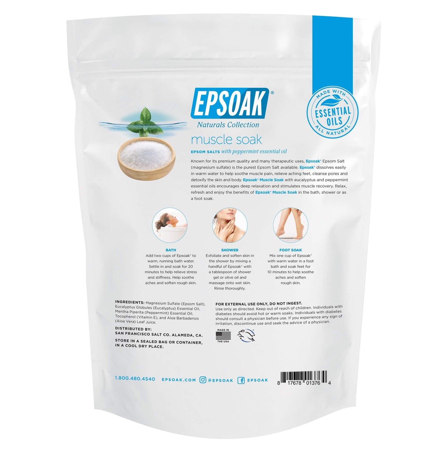Epsoak Muscle Soak 2 lb. USP Magnesium Sulfate with Peppermint Scent Resealable Epsom Salt Bag, Made in The USA, Cruelty-Free Certified Beauty and Personal Care Epsoak