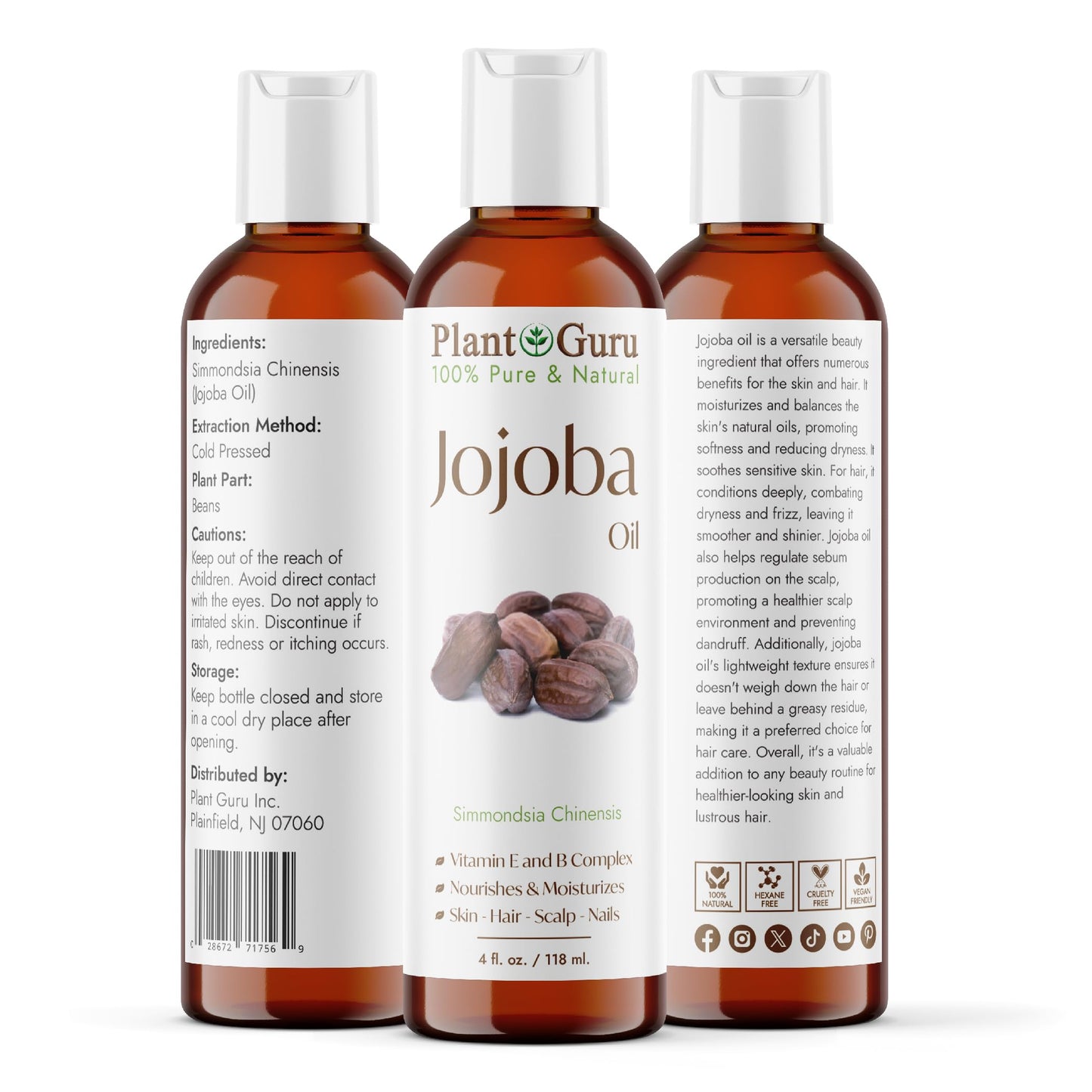 Plant Guru Jojoba Oil 4 fl. oz. Cold Pressed Unrefined - 100% Pure Natural Moisturizer For Skin, Body, Face And Hair Growth. Deeply Hydrating Carrier Beauty & Personal Care Plant Guru