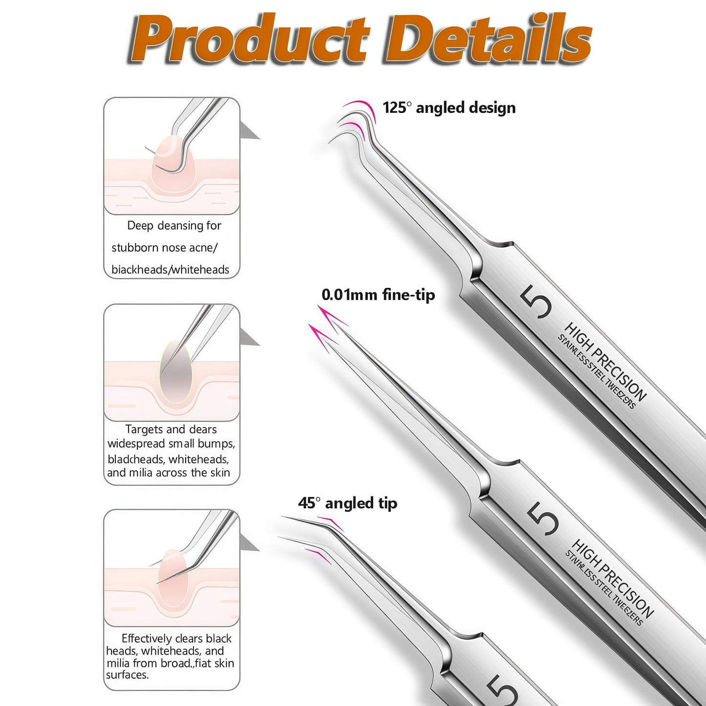 1Set(3PCS) Silver Professional Remove Blackheads Tweezers Set - Stainless Steel Straight/Slanted & Pointed Splinter/Bend Curved Blemish Extractor Tool Beauty & Personal Care Elandy