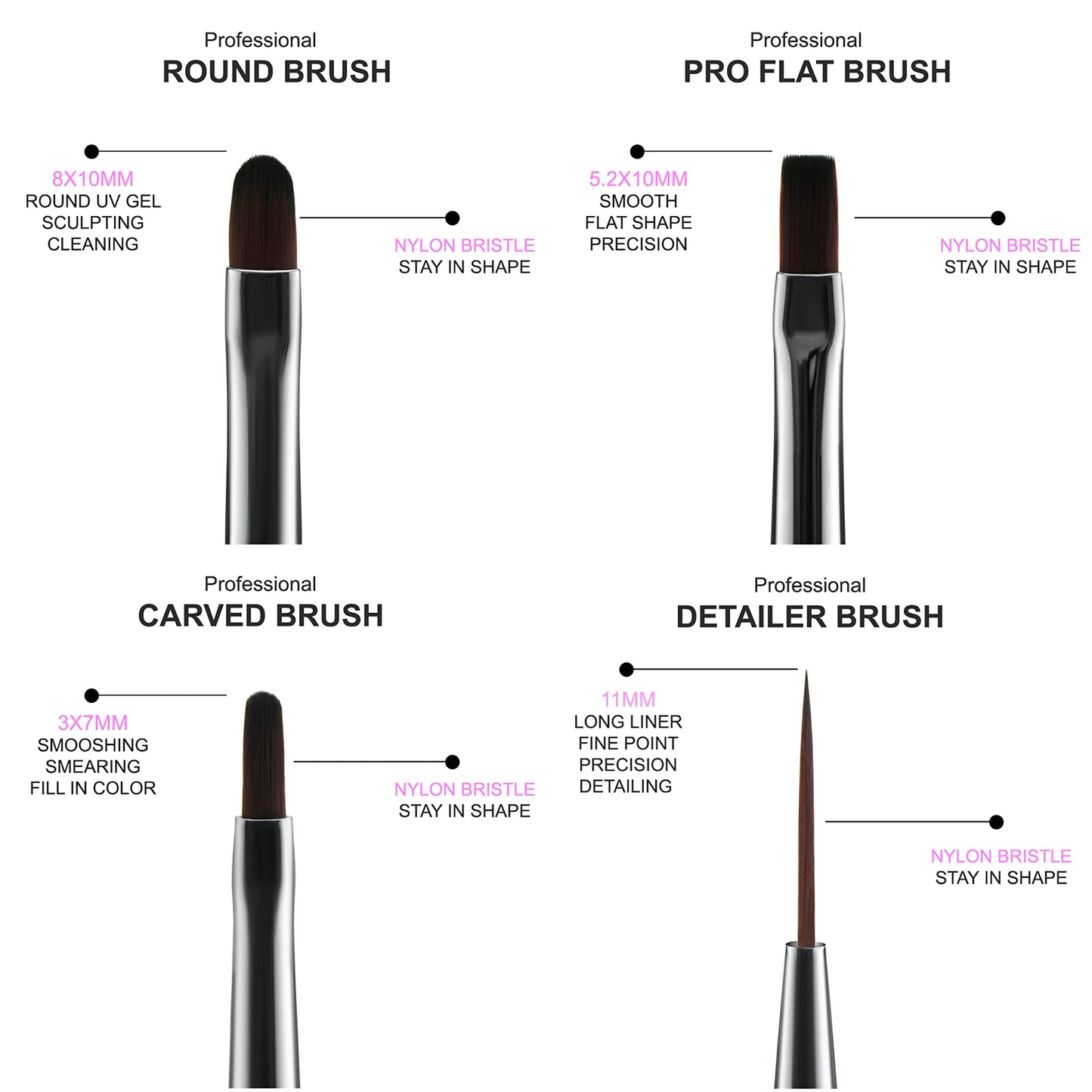 Beaute Galleria 4-Piece UV Gel Nail Art Brush Set - Pro Flat, Carved, Detailer, Round for Fine Line, Detailer, Outline, Striping, Polygel Nails, Gel Beauty & Personal Care BEAUTÉ GALLERIA