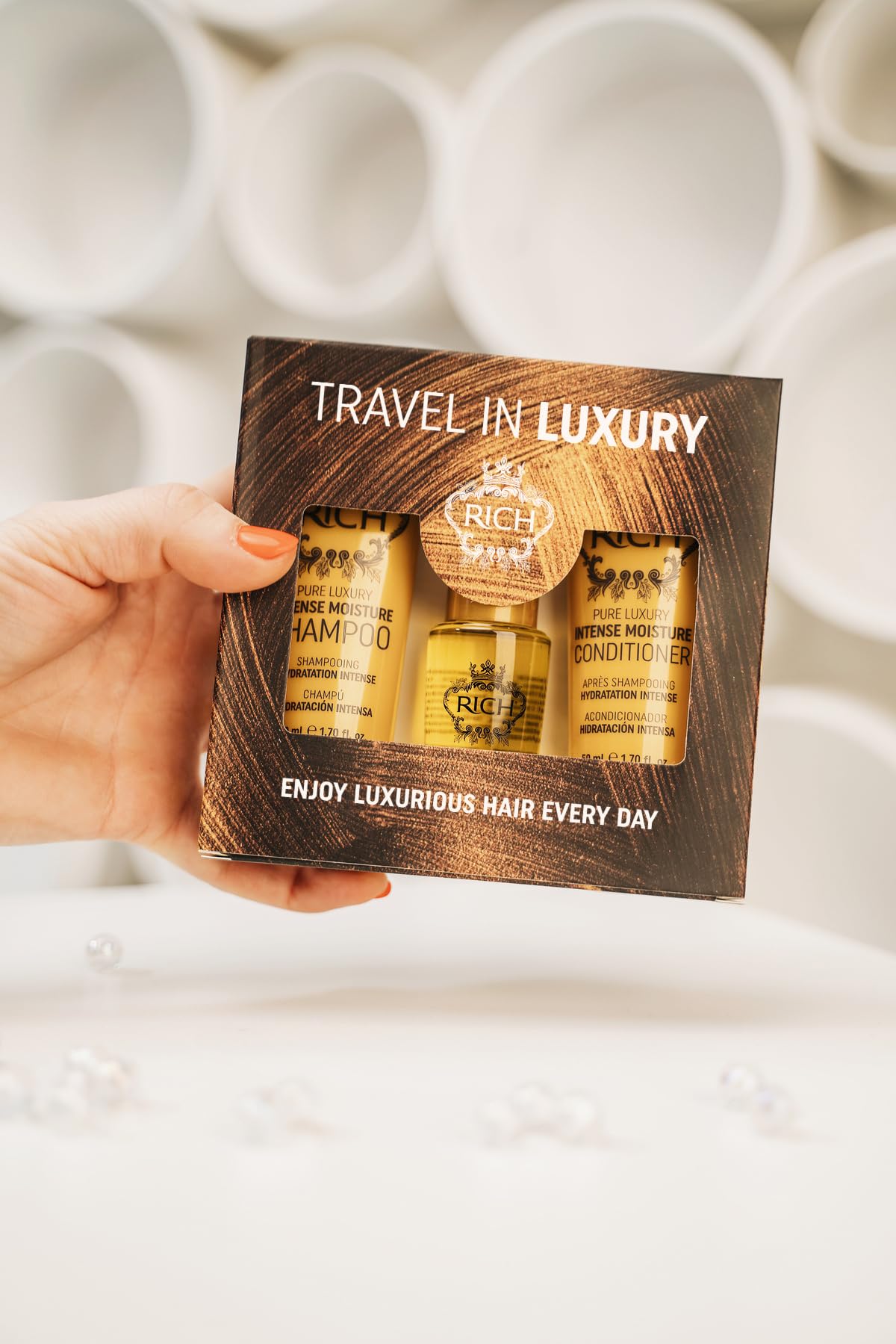 RICH Travel in Luxury Gift Set - Intense Moisture Shampoo 1.70 Fl Oz, Conditioner 1.70 Fl Oz, Argan Oil Elixir 1.0 Fl Oz for moisturzing hair Beauty & Personal Care RICH