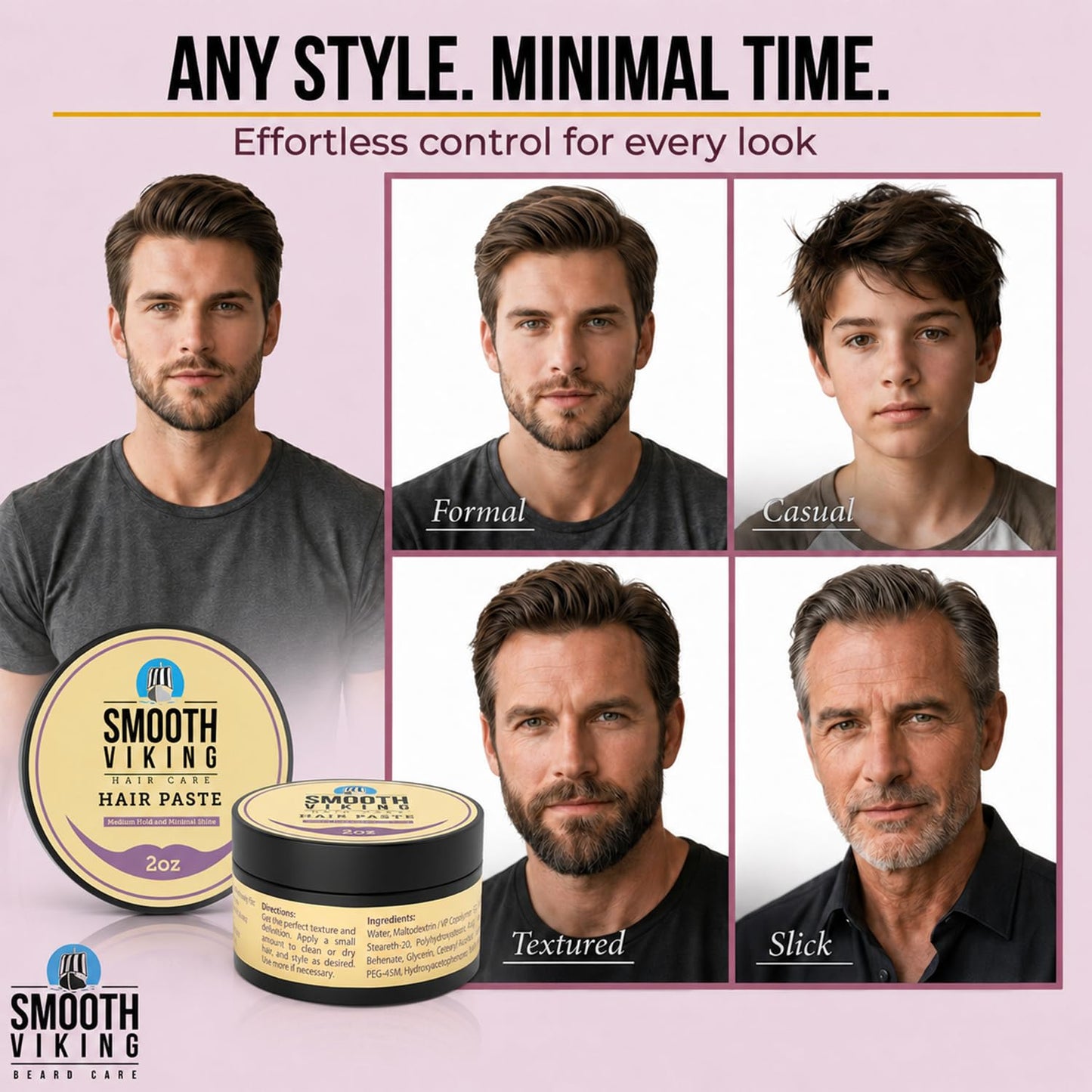 Smooth Viking Hair Paste for Men - Natural Matte Styling Paste for Textured Messy Hairstyle Hair Cream, Hair Styling Cream with Minimal Shine & Medium Beauty & Personal Care SMOOTH VIKING BEARD CARE