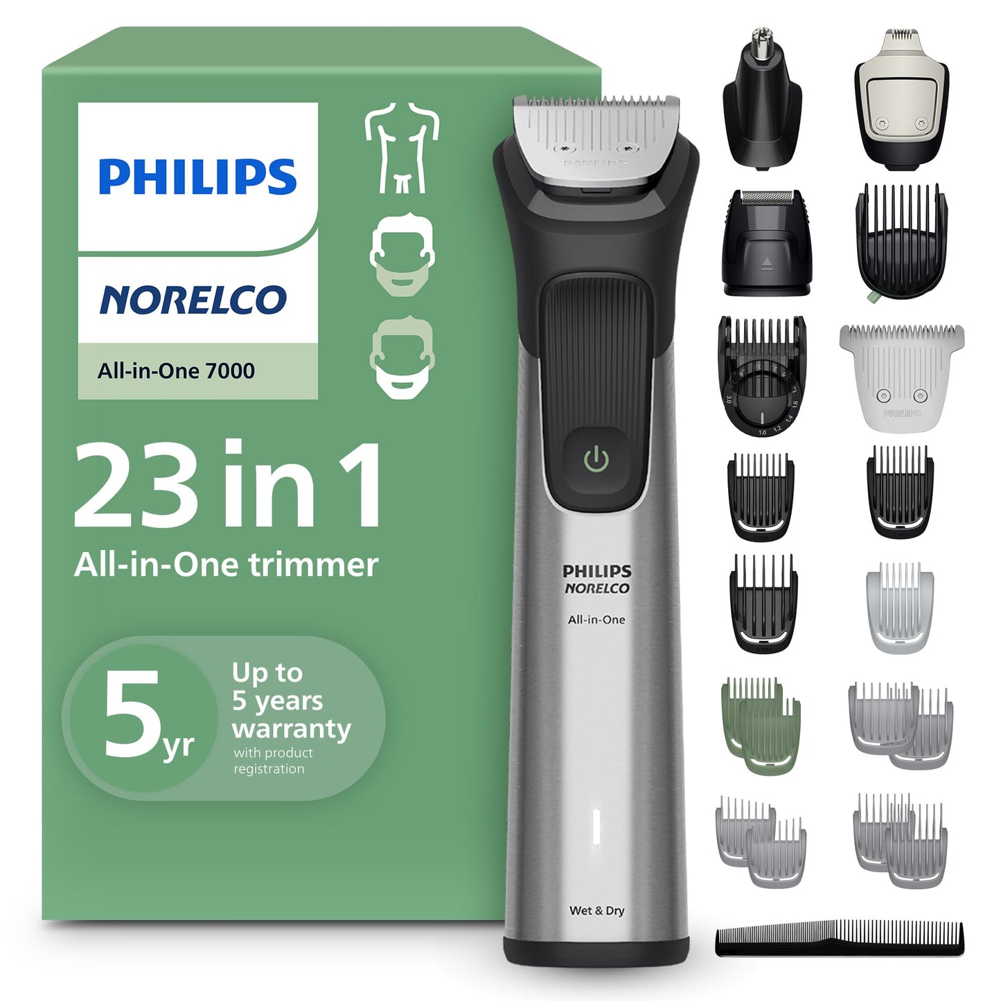 Norelco Philips All-in-One Series 7000 23-Piece Trimmer - Electric Shaver and Clipper for Face, Beard, Head & Body, Self-Sharpening Titanium Blades Beauty and Personal Care Norelco