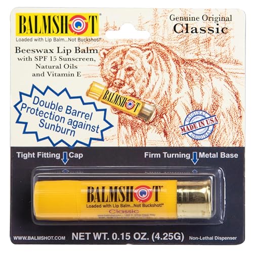 BALMSHOT Classic Natural Lip Balm SPF 15 - Beeswax Chapstick with Natural Oils & Vitamin E - 20-Gauge Shotgun Shell Brass Tube - Long Lasting, Heat Beauty & Personal Care Balmshot